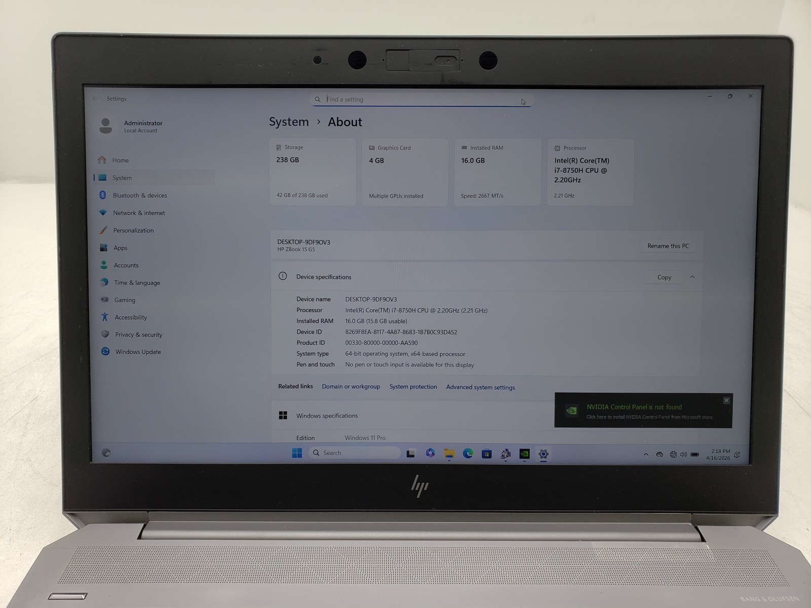 HP ZBook 15 G5 Laptop i7-8th 16GB 256GB SSD Quadro P2000 4GB, Win11 Pro Tested