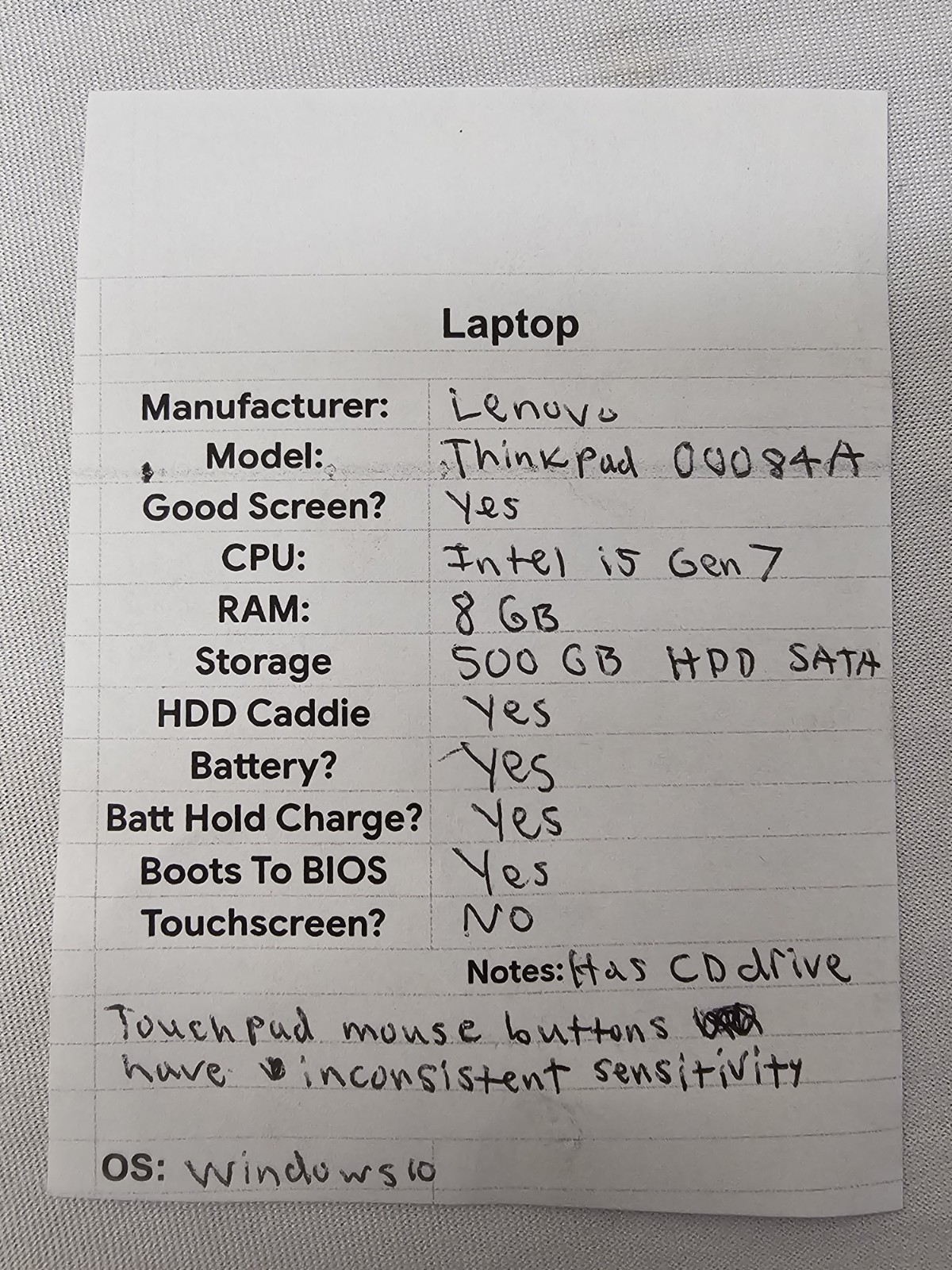 Lenovo ThinkPad 00084A Laptop – i5 7th Gen – 8GB RAM – 500GB HDD – Win 10 – READ
