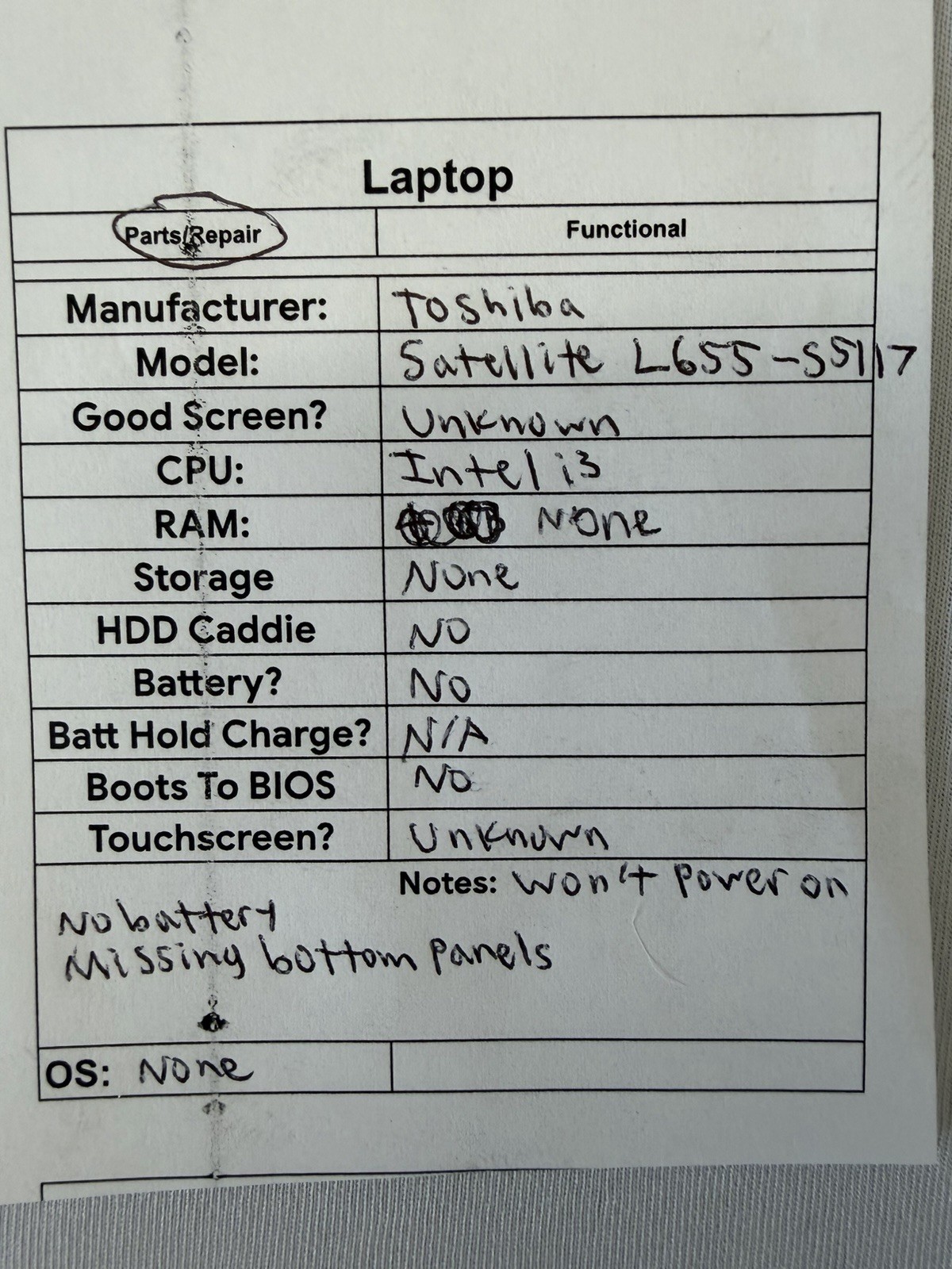 Toshiba Satellite L655-55117 Laptop -Unknown if Screen is Good-Intel i3-Read Des