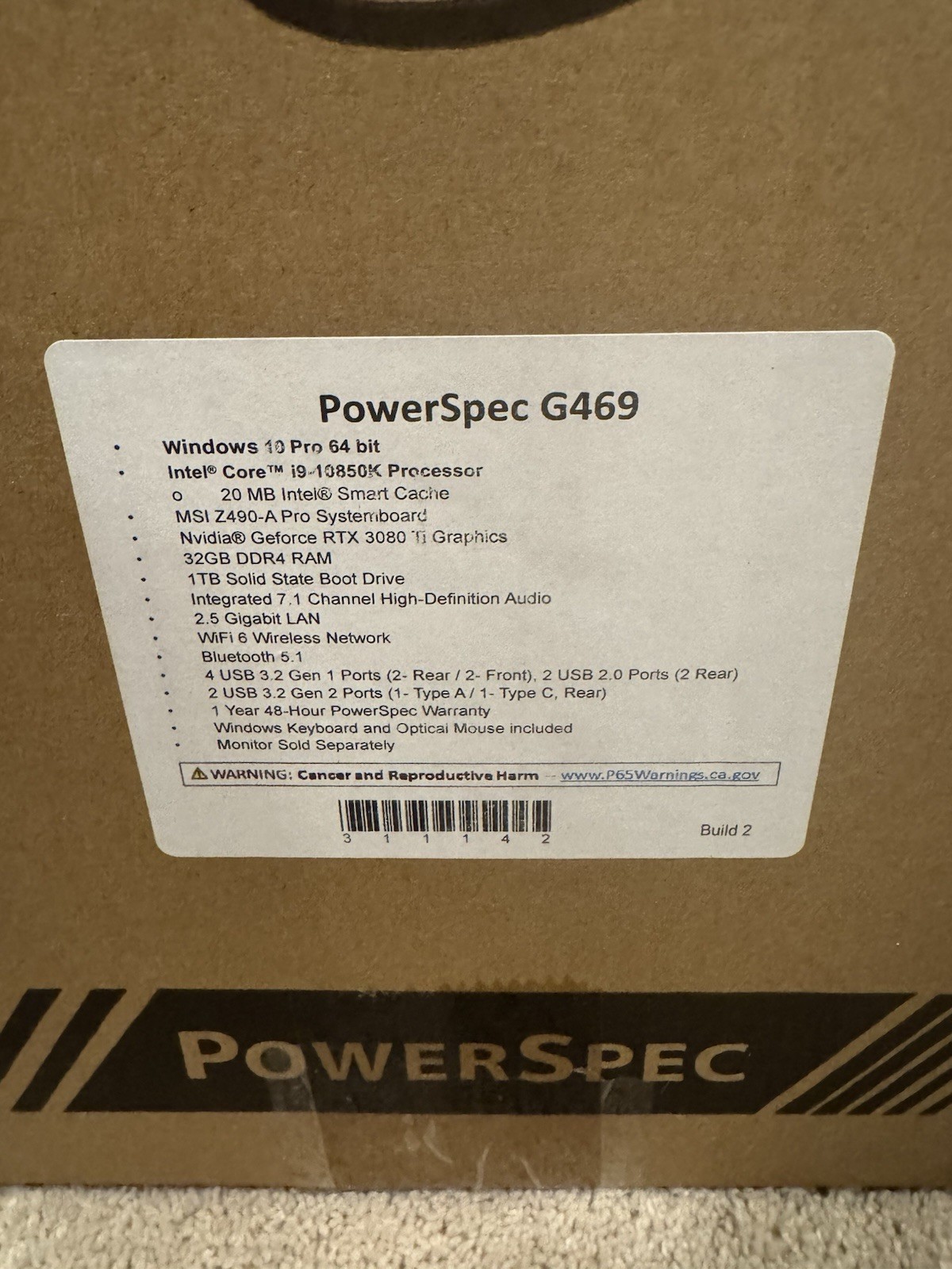 PowerSpec Gaming PC RTX 3080 Ti i9-10850K 32GB RAM + MSI 27″ 1440p 165Hz NO SSD