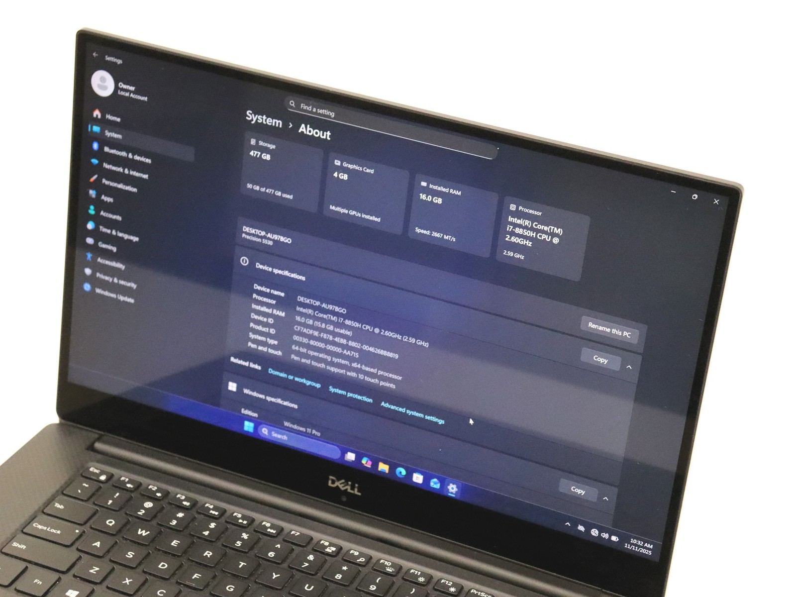 Dell Precision 5530 15.6″ Touch 4K i7-8850H 16GB 512GB NVMe W11P Quadro P2000