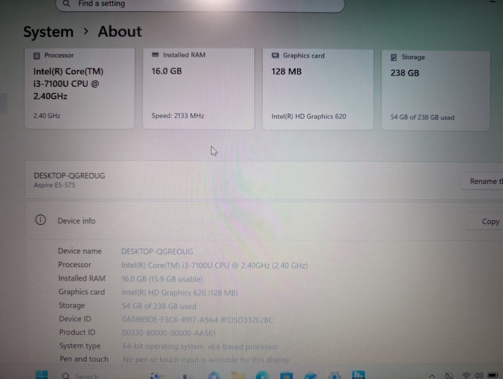 15″ ACER ASPIRE E5-575 | i3-7100U 16GB RAM 256GB SSD | FHD Backlit | Win 11 DVD
