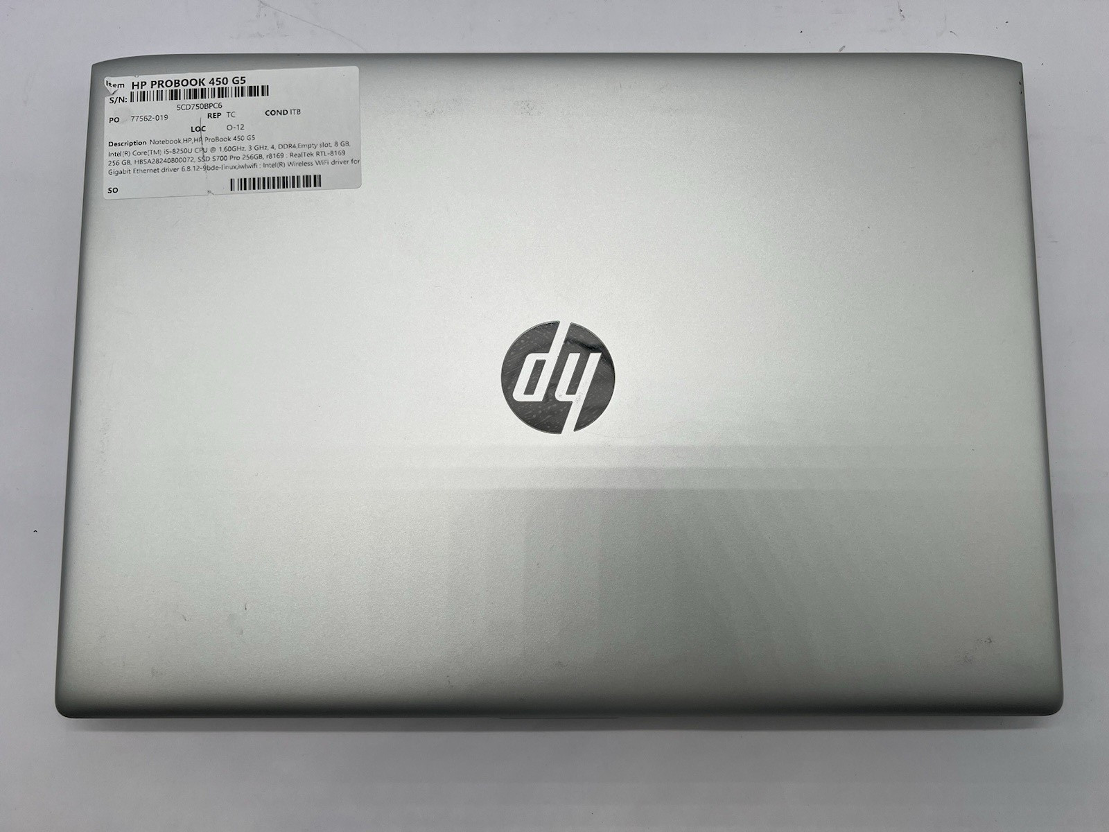 HP ProBook 450 G5, i5-8250U CPU, @ 1.60GHz, 8GB RAM, 256GB SSD-No OS/Charger