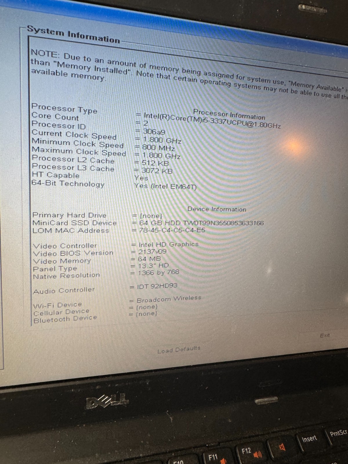 Dell Latitude 3330 Core i5-3337U, 8GB RAM, 64GB HDD Laptop for Repair #5042
