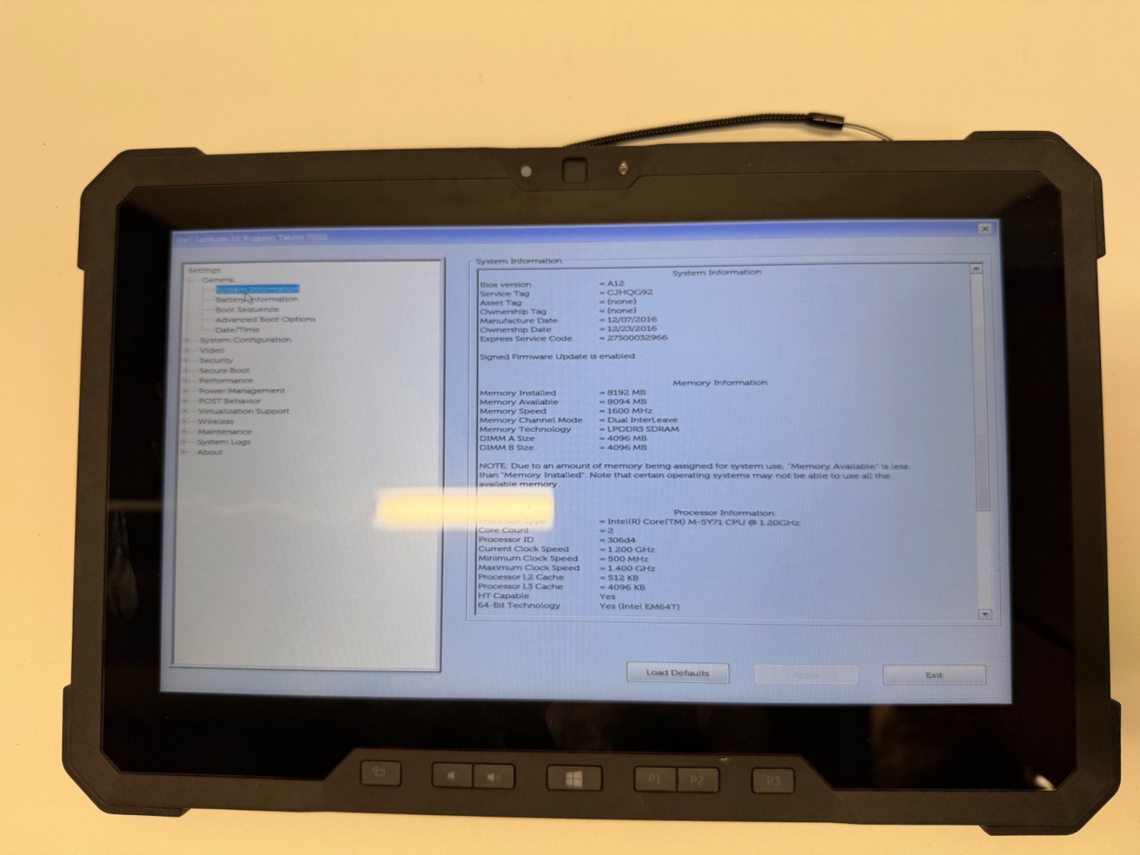 Dell Latitude 12 Rugged Tablet 7202 M-5Y71 1.2GHz 128GB SSD 8GB