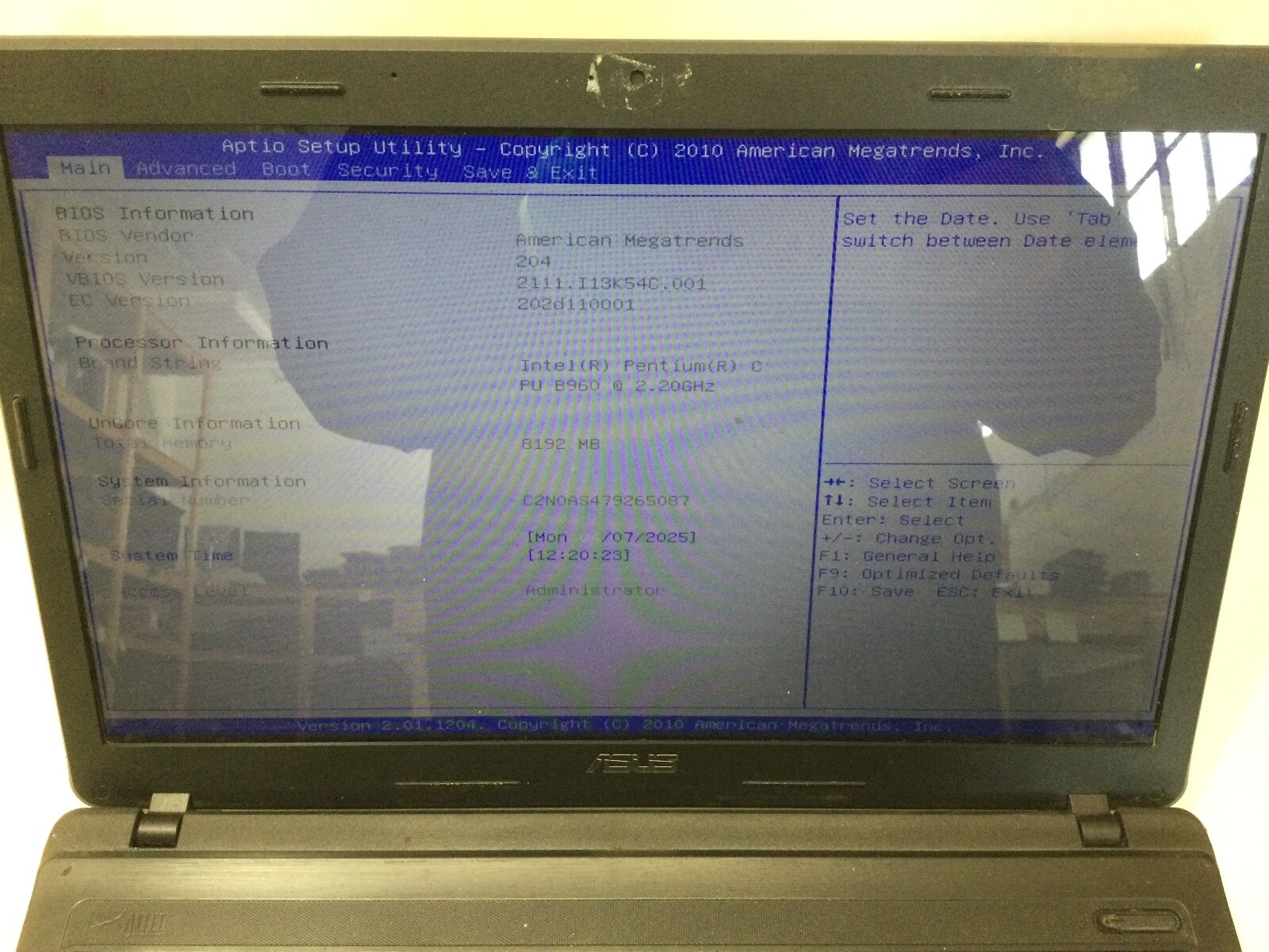 ASUS NOTEBOOK X54C – INTEL PENTIUM B960 – NO RAM – BOOTS TO BIOS – READ DESC- BB