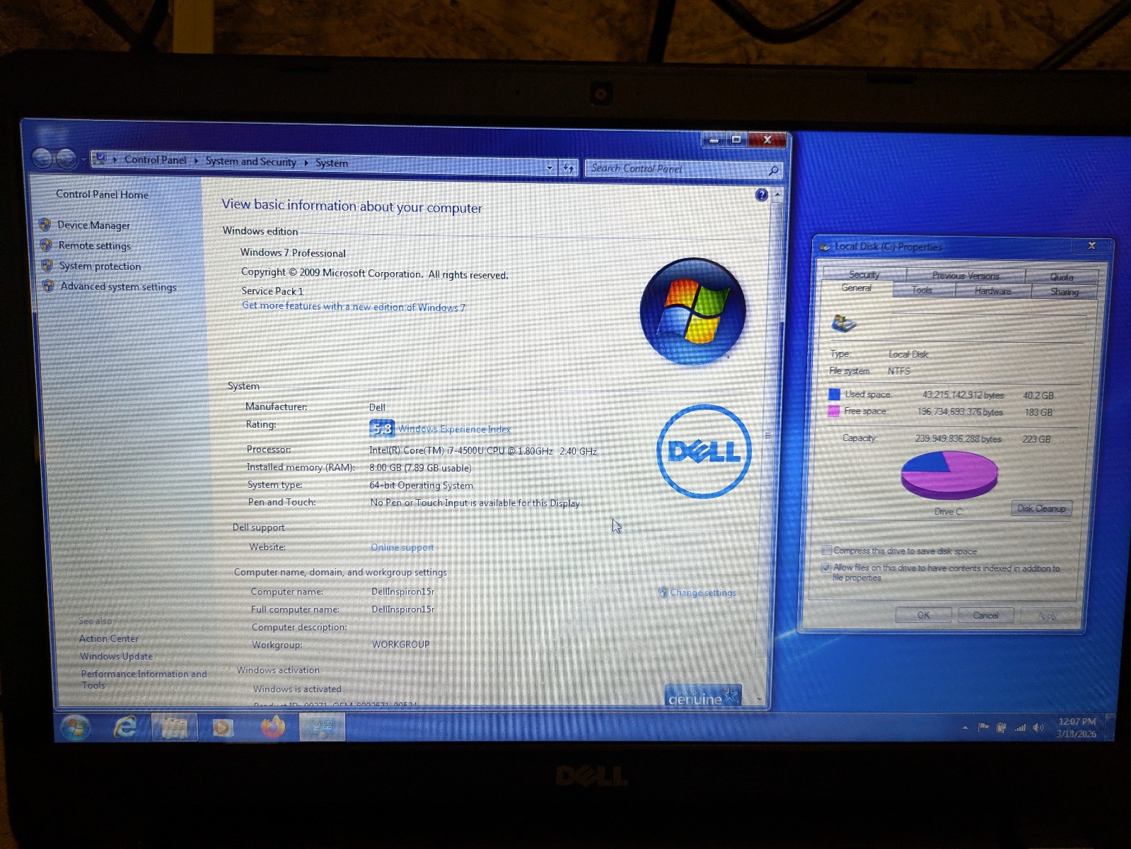 Dell Inspiron 15R 5537 i7-4500U 1.80Ghz 8GB RAM 240GB SSD Windows 7 Pro Wifi BT