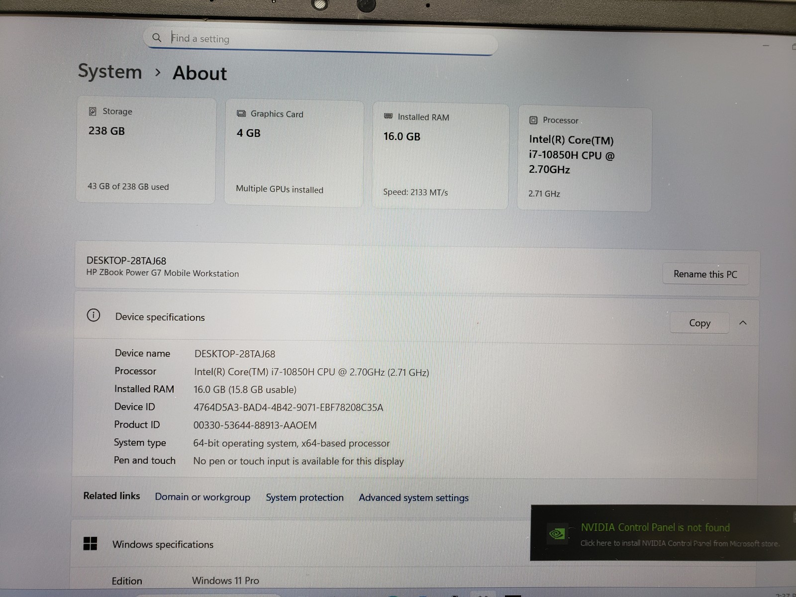 HP ZBook Power G7 i7-10850H 16GB RAM 256GB SSD 15.6″ Quadro T1000 Win 11 Pro.