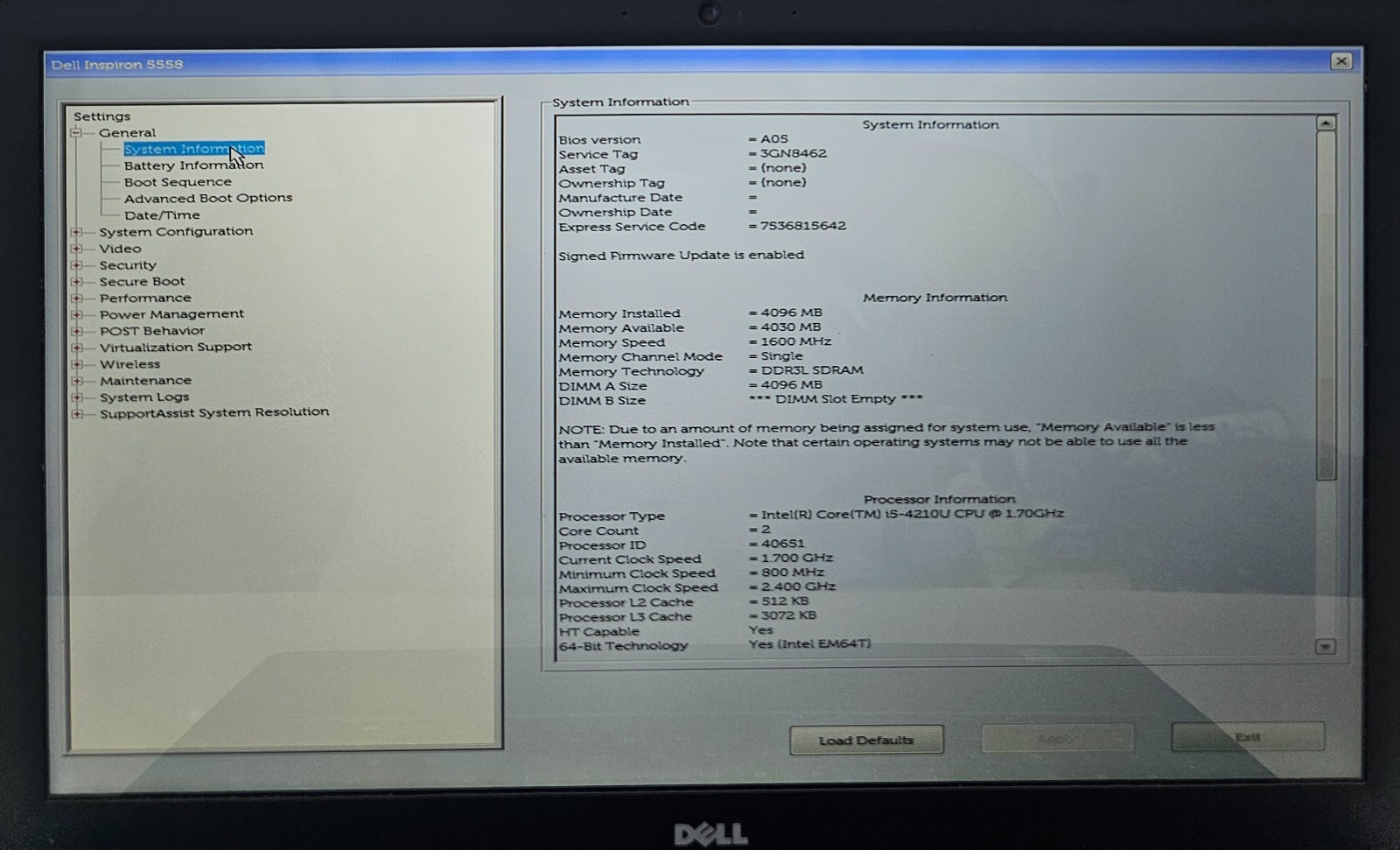Dell Inspiron 5558 15.6″ Laptop Intel Core i5-4210U 4GB Ram NO HD/OS/BATT (FL)