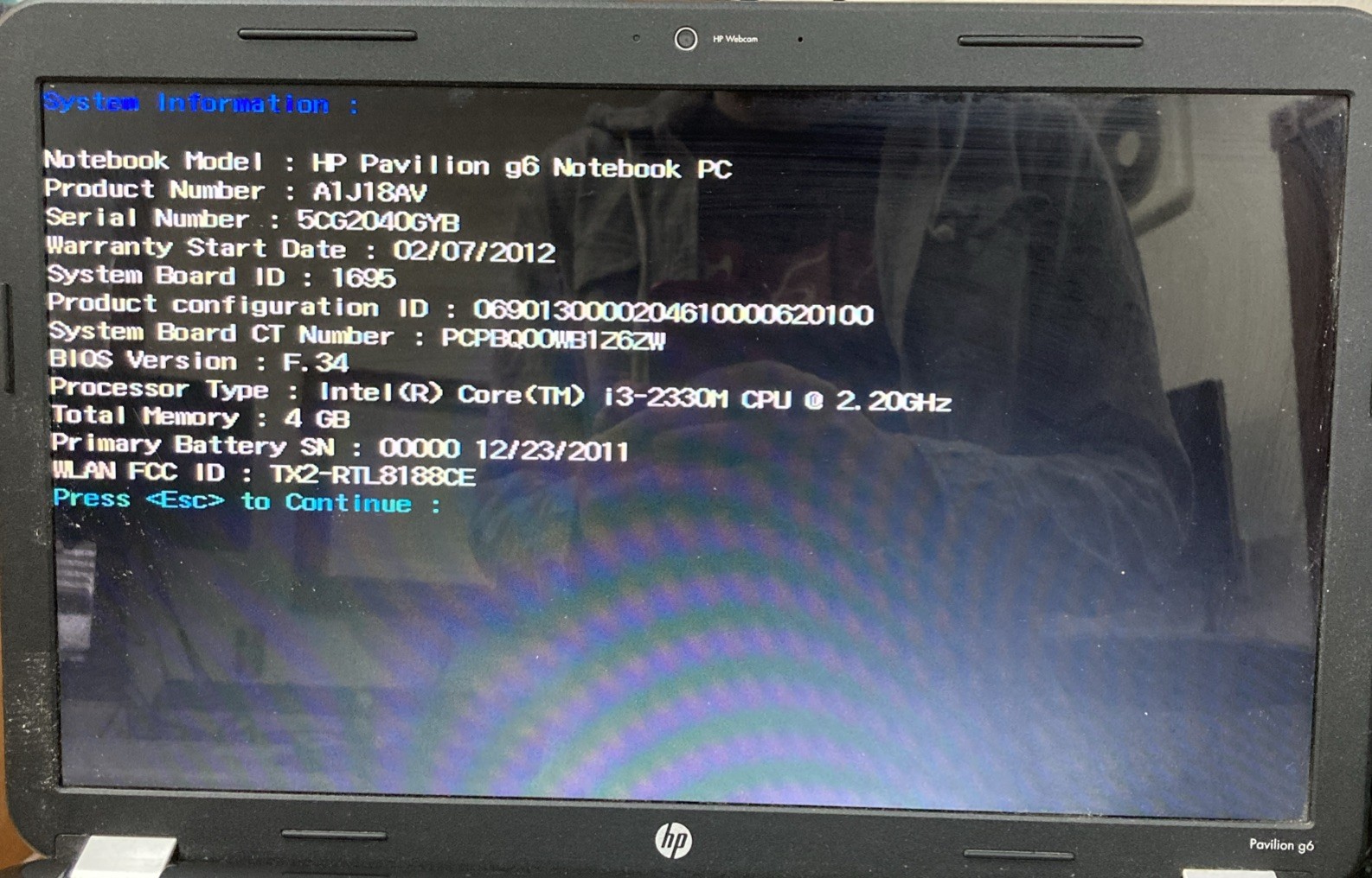 HP Pavilion g6 Intel Core i3-2330M 2.20GHz 4GB Ram No HDD Boot to BIOS