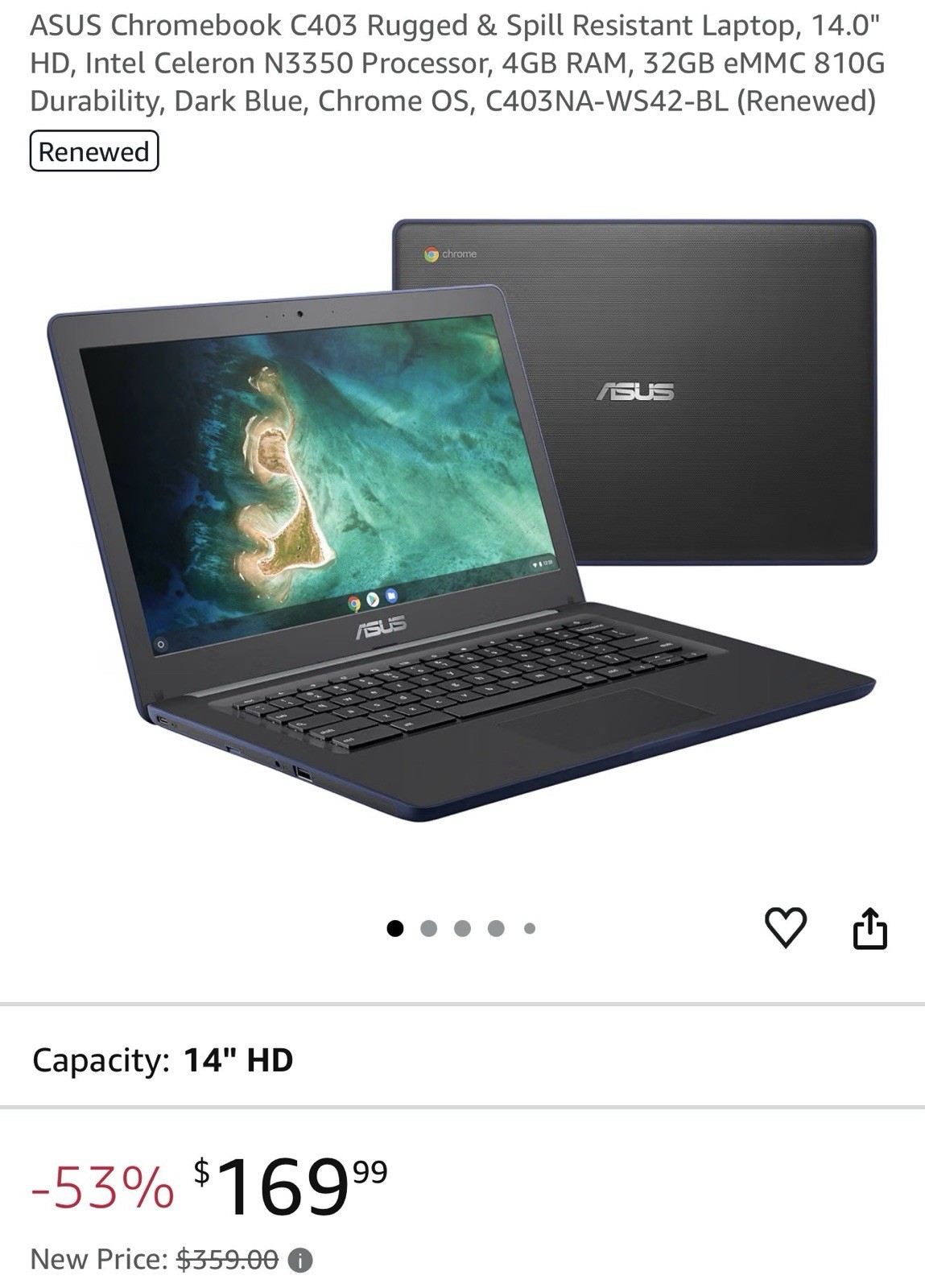 ASUS Chromebook C403 Celeron 4GB RAM, ChromeOS 32GB SSD, U20 Laptop Notebook PC