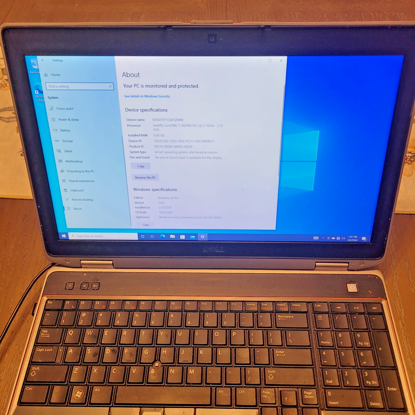 Dell Latitude E6520 Laptop Intel Core i7-2620M 8GB RAM Windows 10 Pro Parts Only