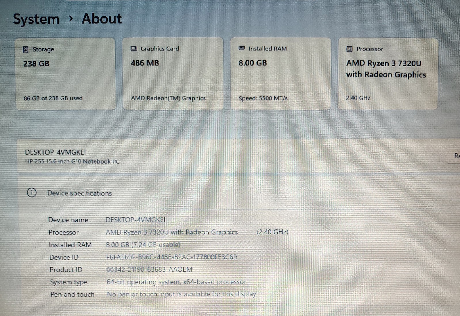 HP 255 G10 15.6″ AMD Ryzen 3 7320U 2.40GHz 8GB RAM DDR5 256GB SSD Laptop Win11