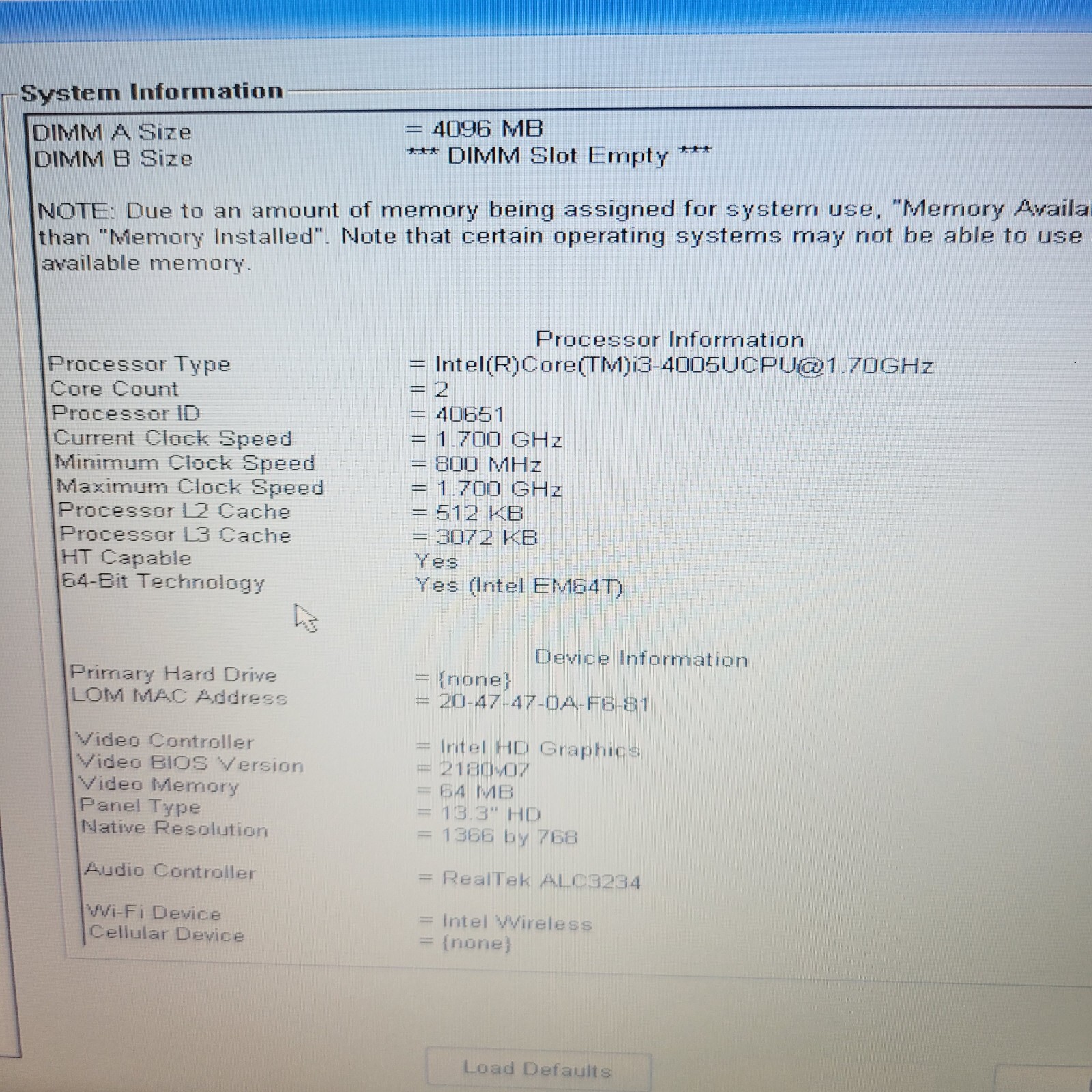 Dell Latitude 3340 Core i3 4005U 1.7GHz 4GB RAM No HDD 13″ – ***Boot to Bios
