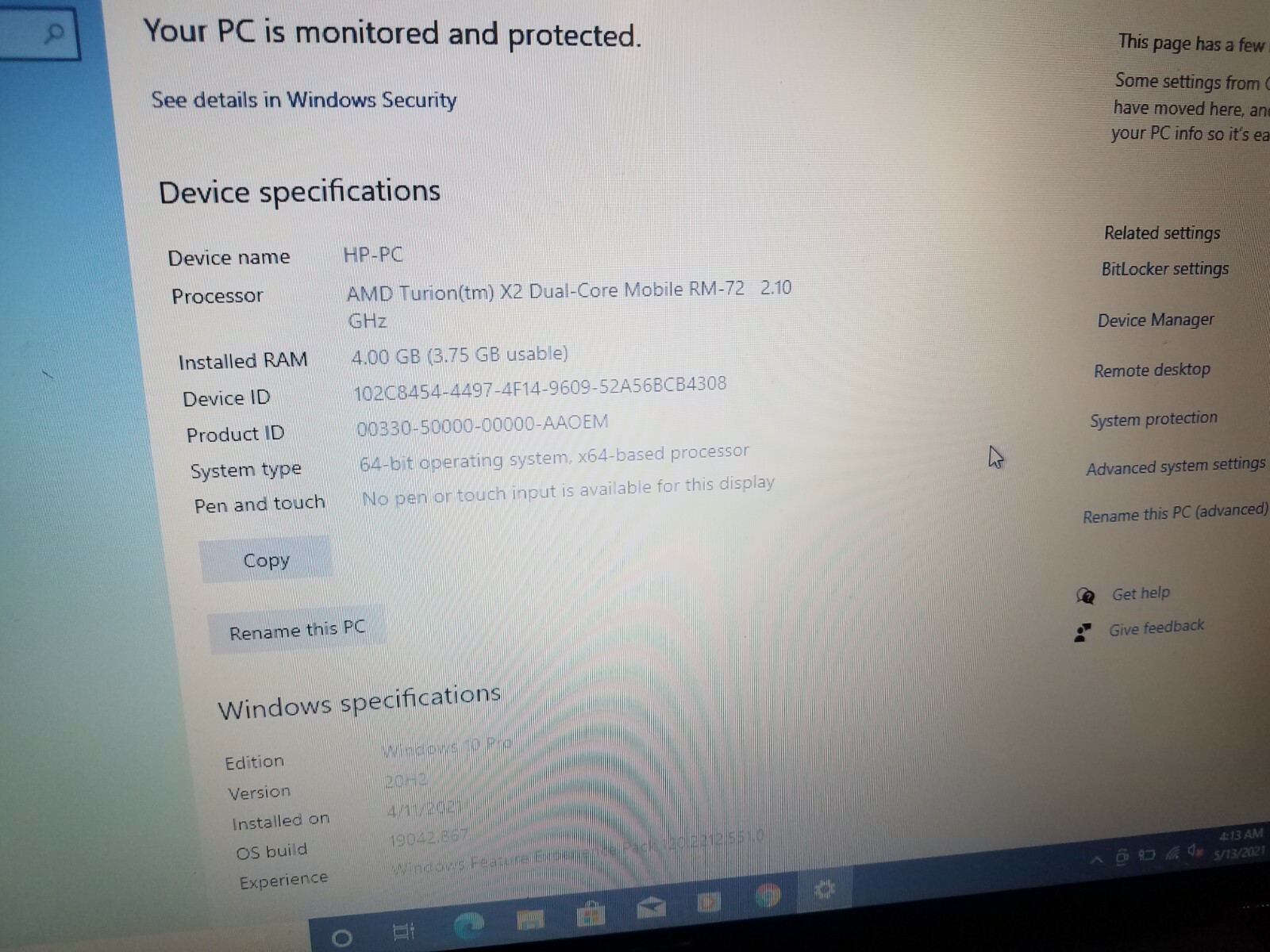 HP Pavilion dv4-1220us 14.1”(AMD Dual-Core @ 2.1GHz,4GB Ram,250GB HDD)Win 10
