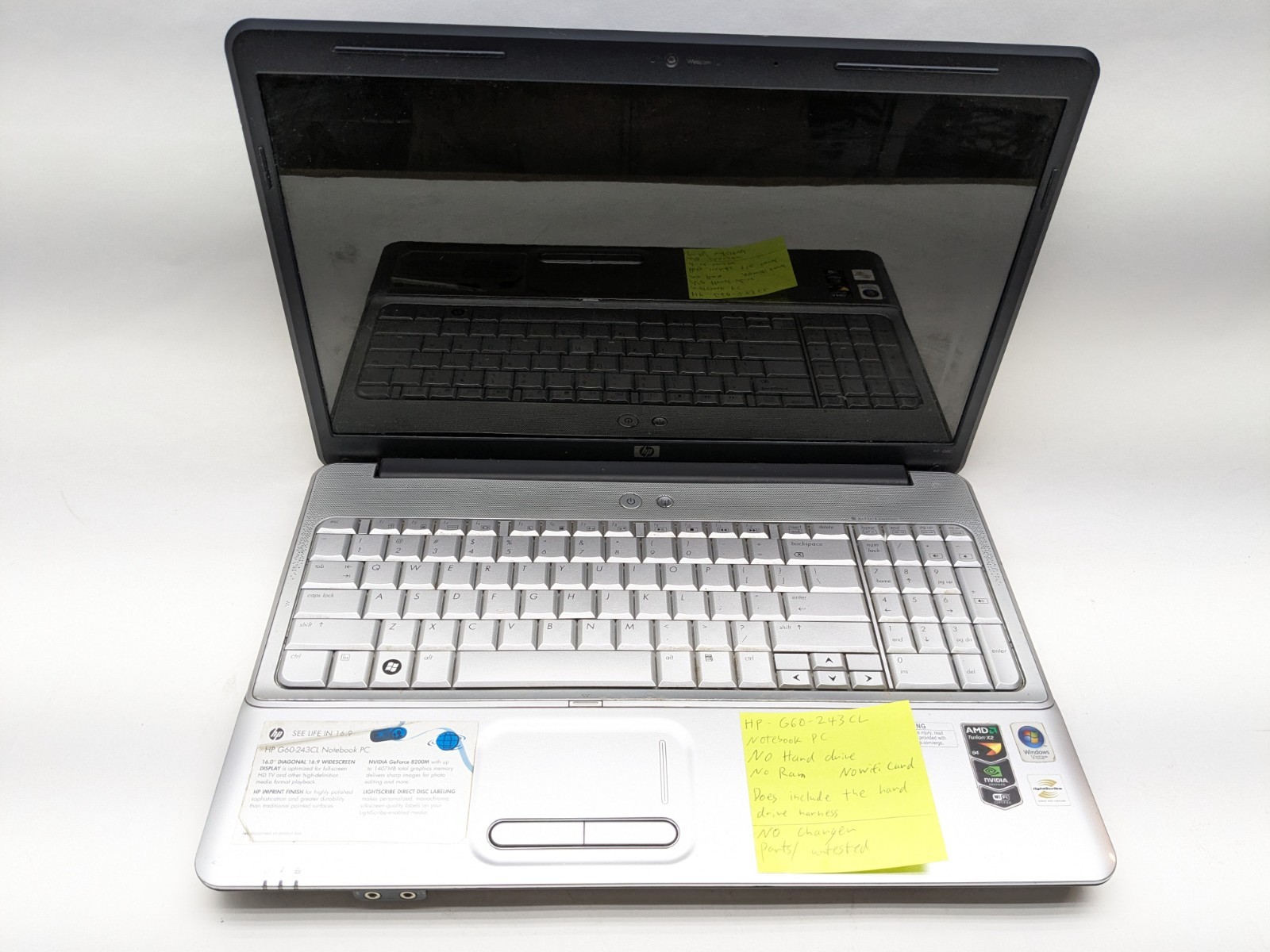 HP g60-243cl Notebook Pc Laptop SILVER For Parts 16″ Diagonal
