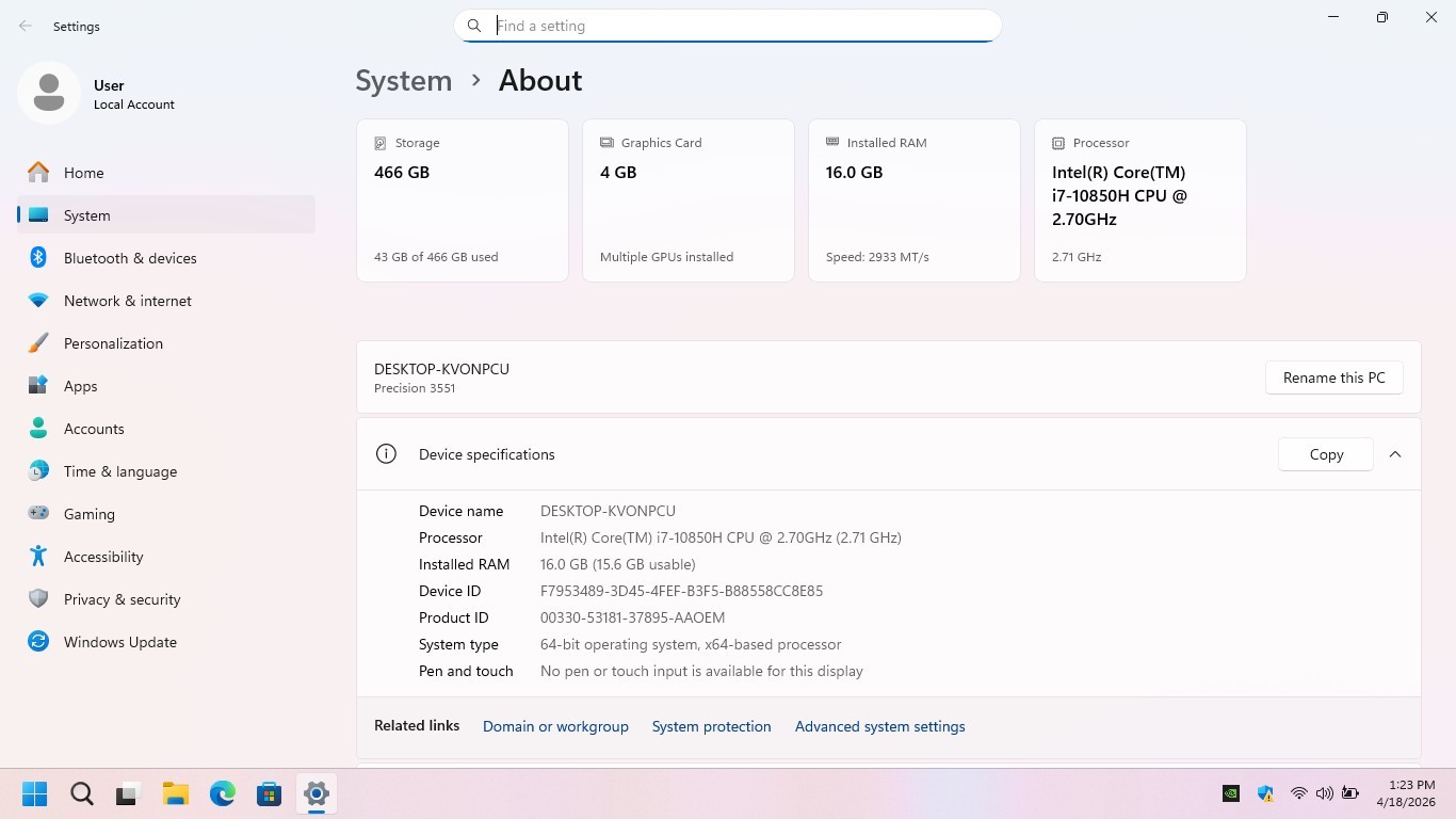 Dell Precision 3551 Workstation i7-10850H 2.7GHz 16GB RAM 512GB NVME SSD