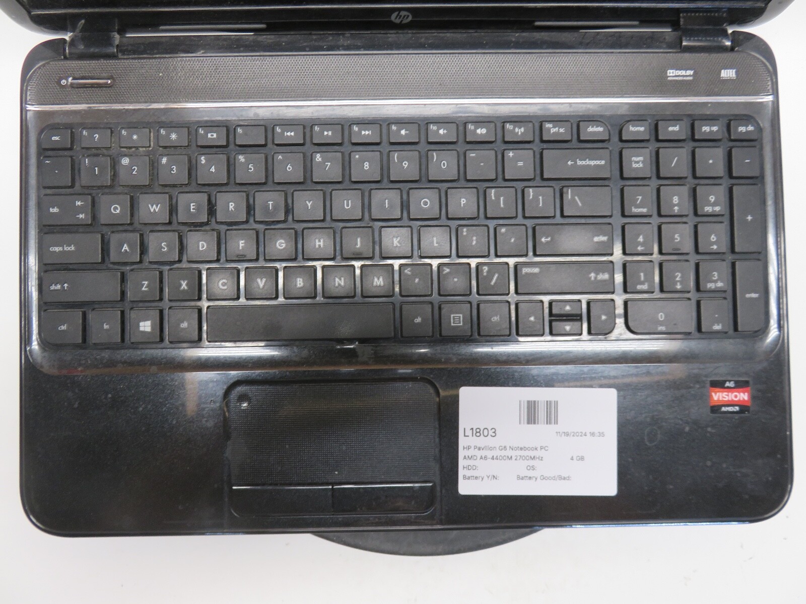 HP Pavilion G6-2228nr AMD A6-4400M 2700MHz 4 GB NO HDD No Batt