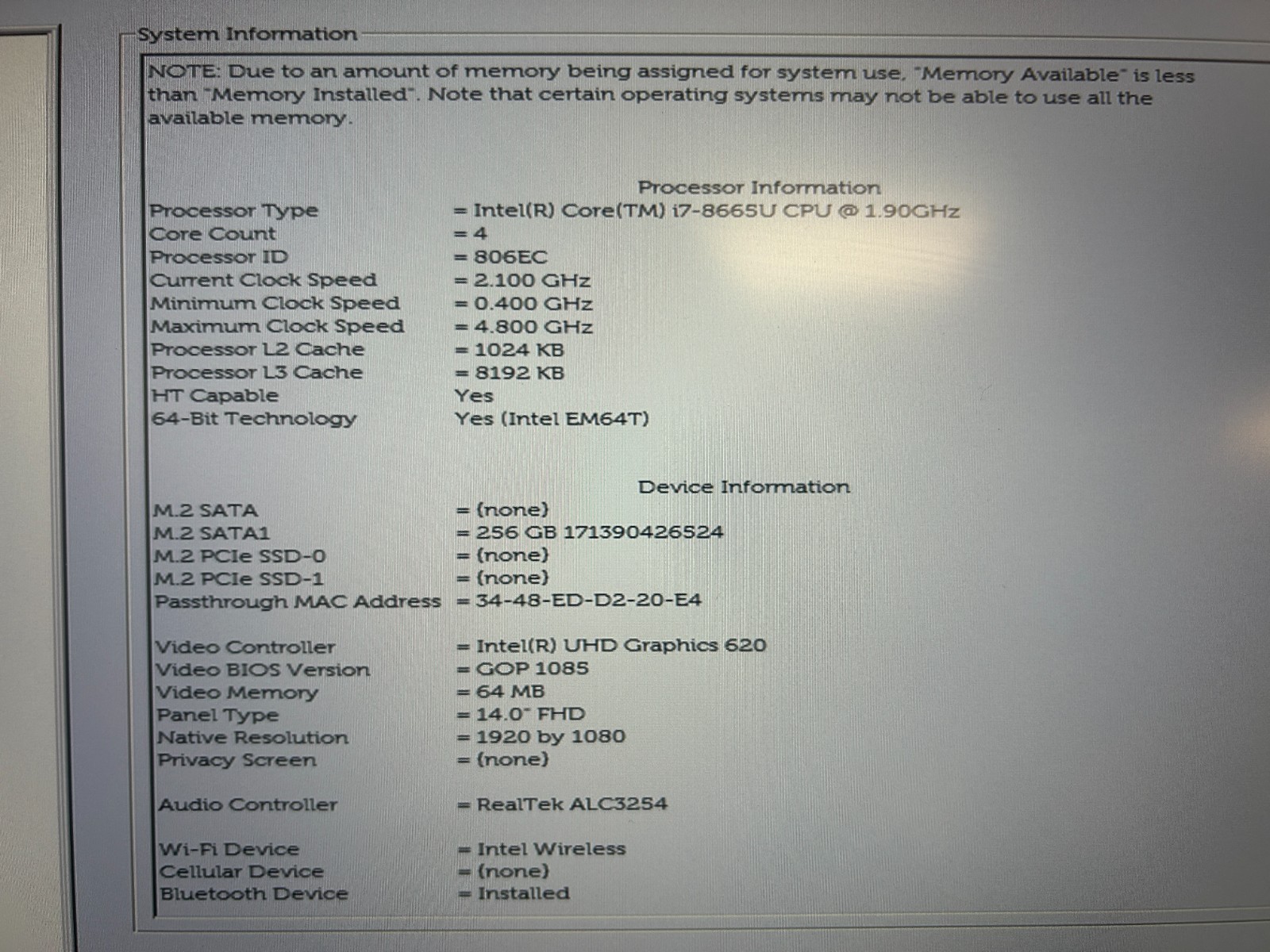 DELL LATITUDE 7400, Intel Core i7-8665U, 1.90 GHz, 20 GB RAM, 256 GB M.2