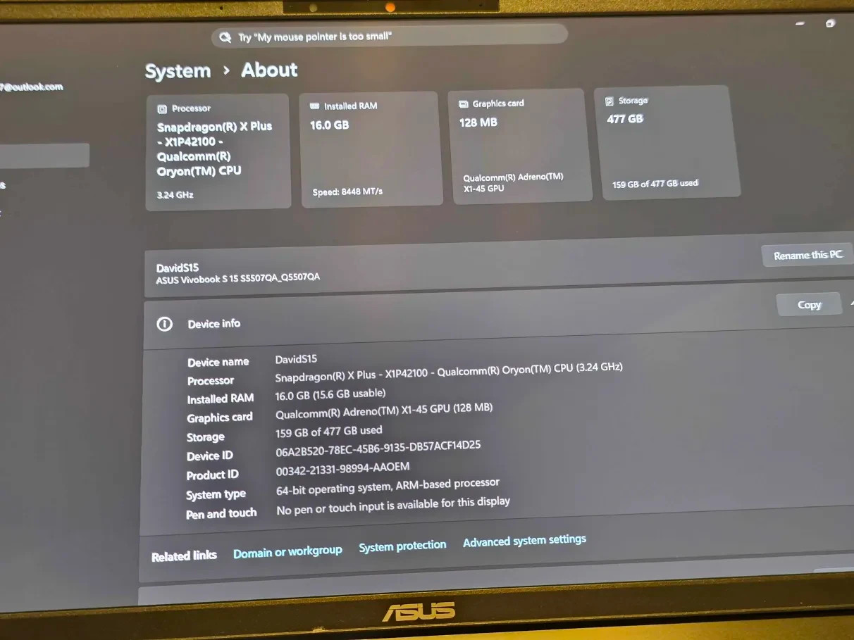 Asus Vivobook S15 Q5507Q 15.6″ OLED 120hz Snapdragon X Plus 16GB RAM 512GB SSD