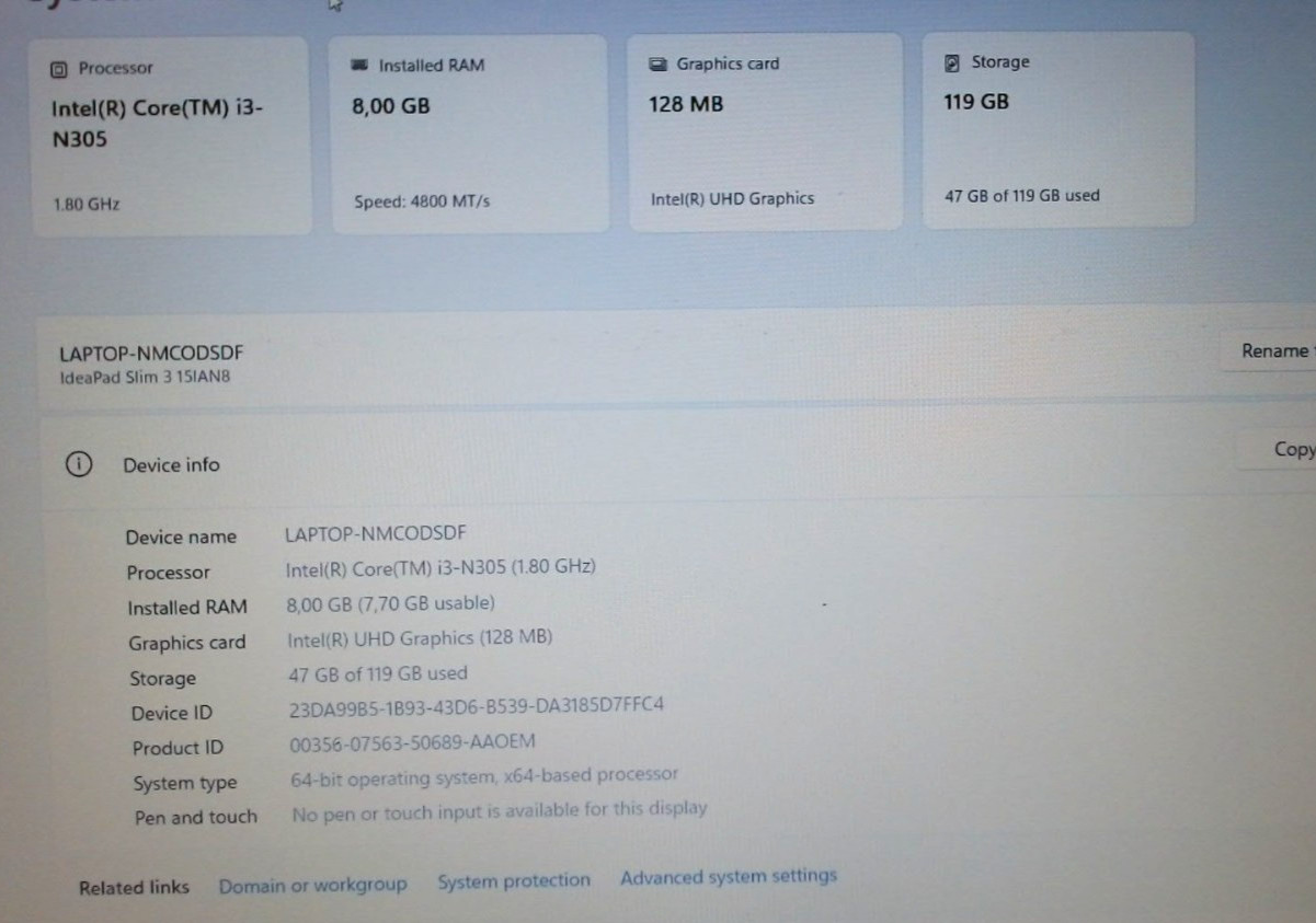 Lenovo IdeaPad Slim 3 15IAN8 15.6” i3-N305 1.80GHz 8GB RAMS 128GB HDD – Grey