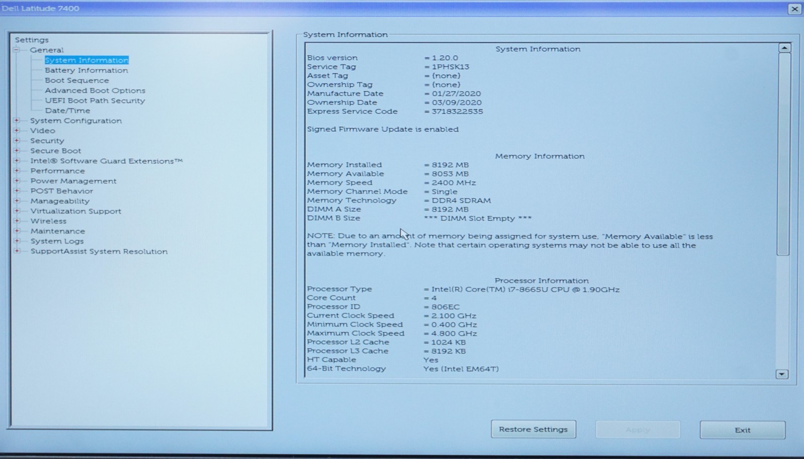 Dell Latitude 7400 14″ Intel Core i7-8665U @1.90GHz 8GB RAM (No SSD)
