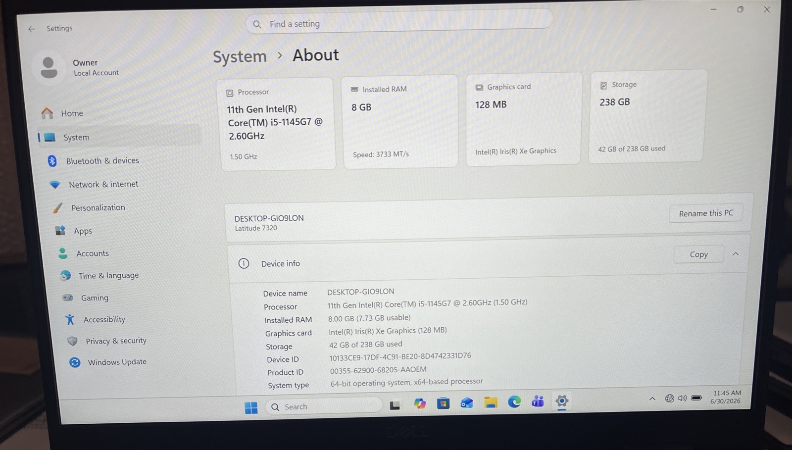 Dell Latitude 7320 13.3″ i5-1145G7@2.6GHz, 8GB RAM, 256GB M2, Win 11 Pro *READ*