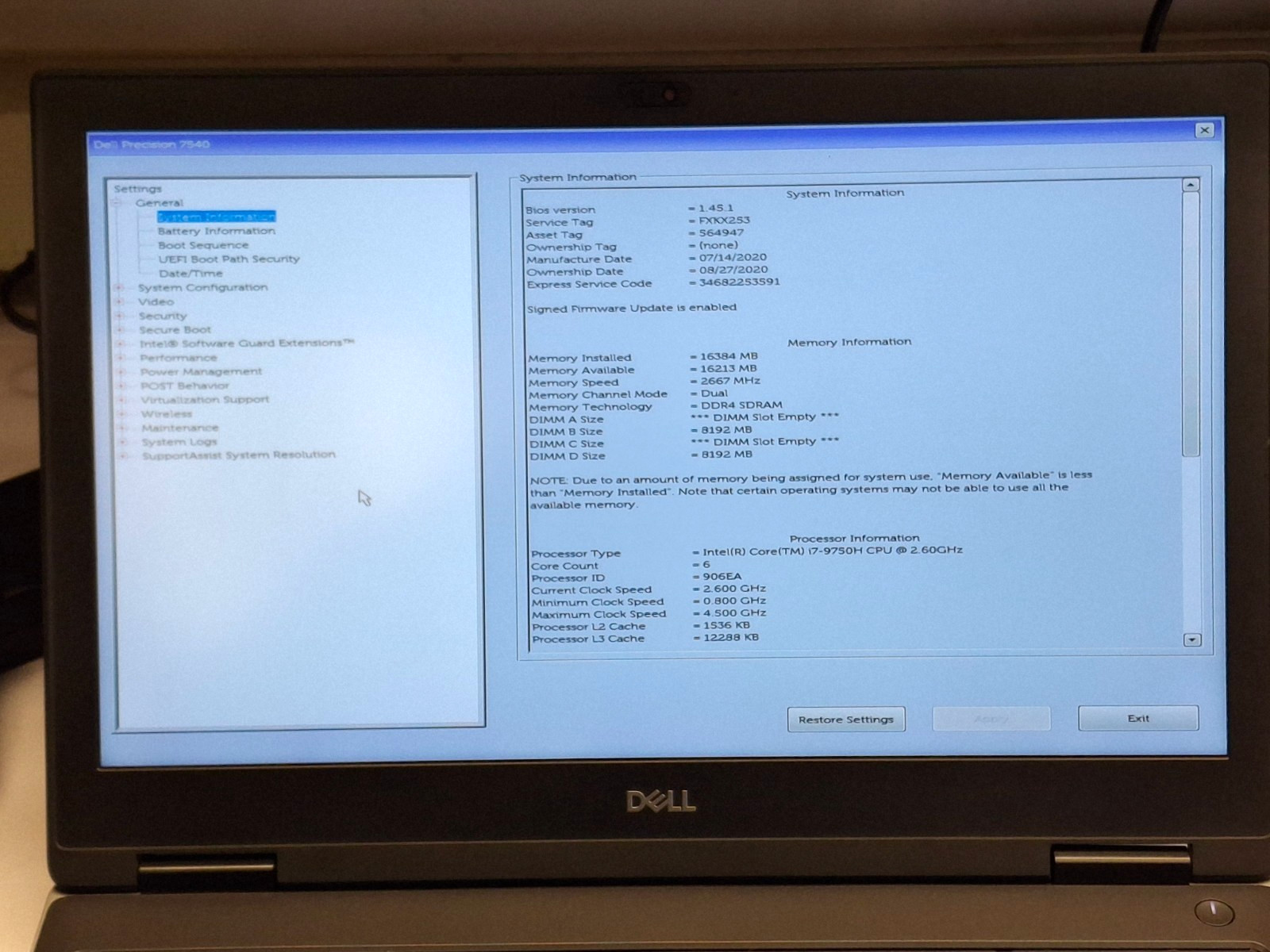 Dell Precision 7540 15.6″ Laptop Core i7-9750H 16GB RAM 256GB SSD WC Wifi Win11P