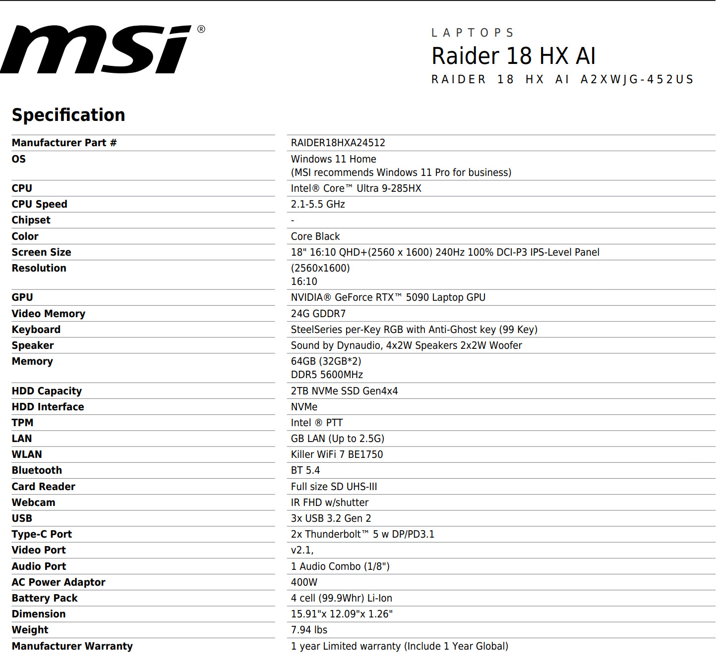 MSI Raider 18 HX AI Intel Core Ultra 9 285HX NVIDIA RTX 5090 64GB RAM 2TB SSD