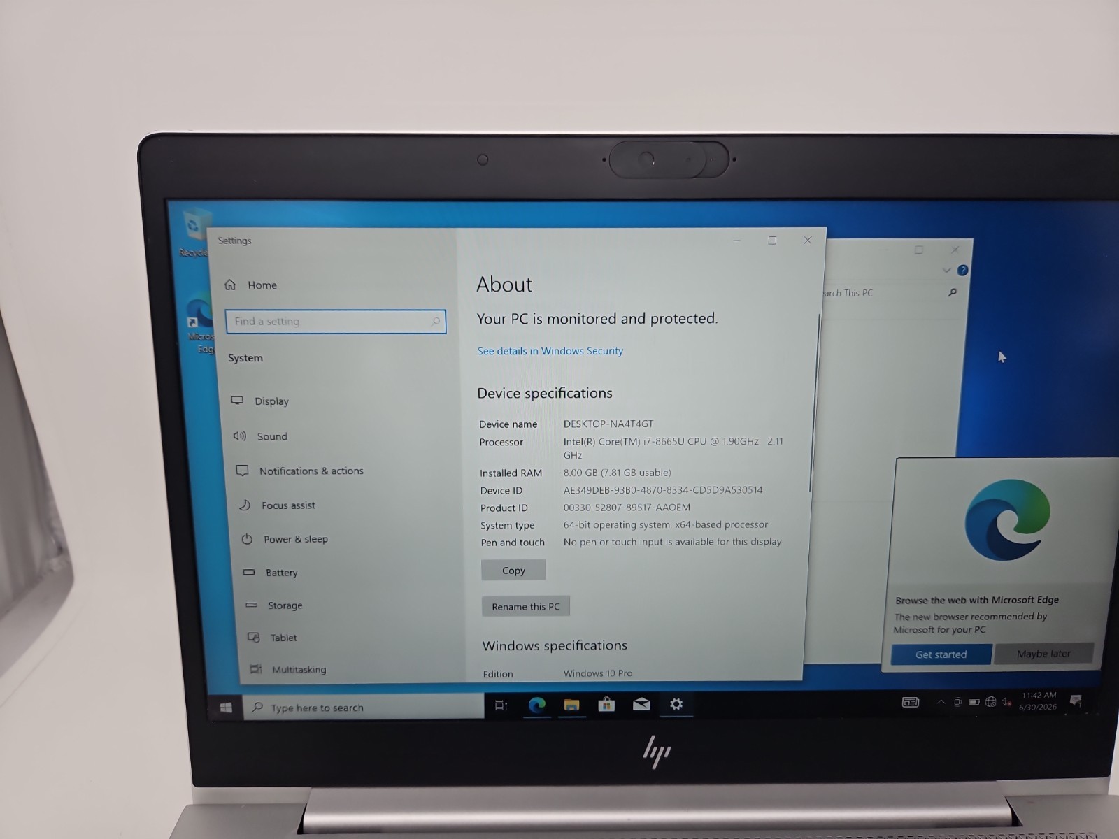HP EliteBook 840 G6 14″ Laptop – i7-8665U 8GB RAM 250gb SSD Windows 10 Ac Adapte