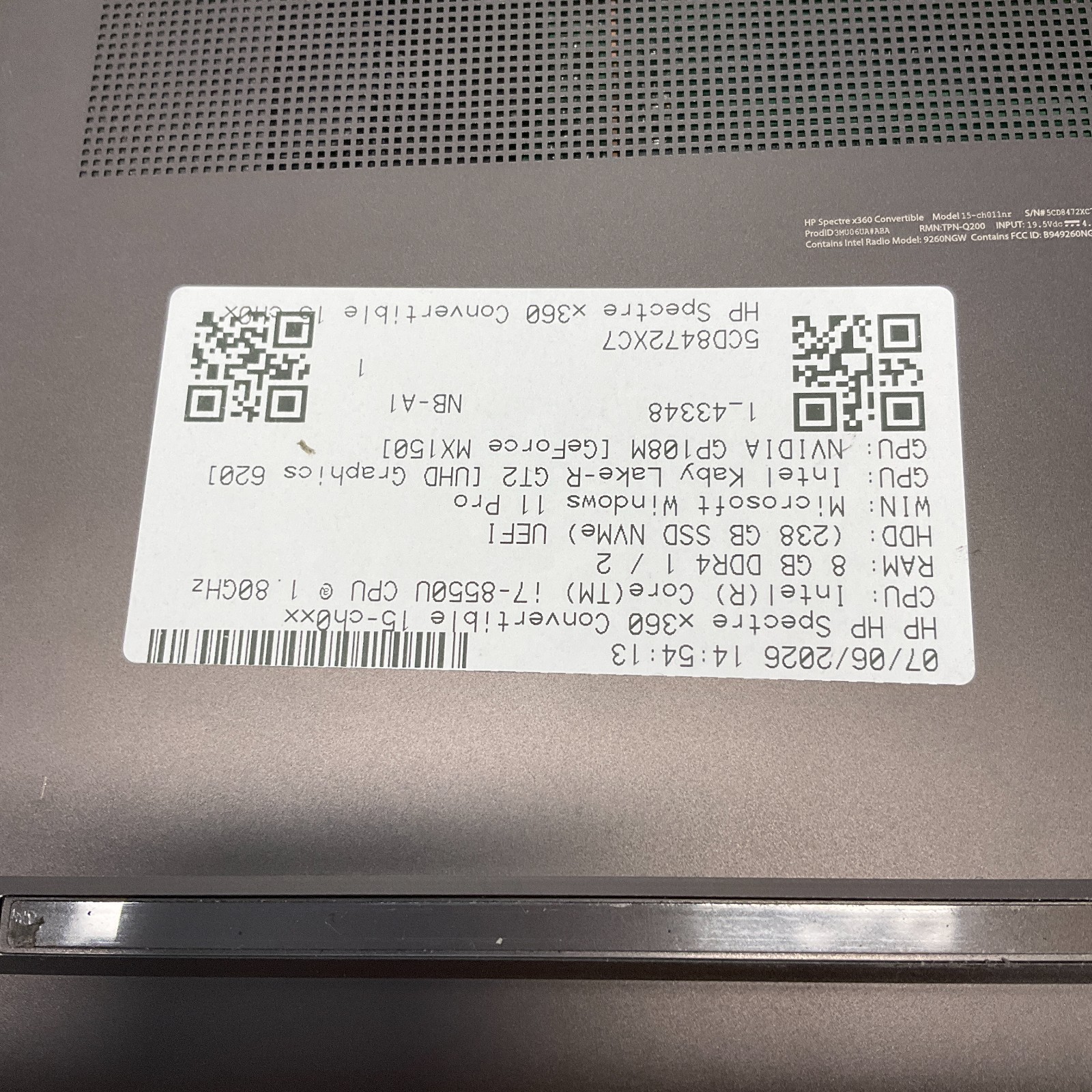 HP Spectre x360 15t-CH000 Laptop i7-8550U 8GB 256GB SSD Windows 11 Pro NO BATT
