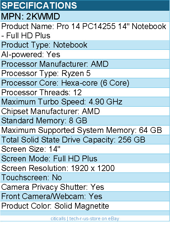 Dell 2KWMD Pro 14 PC14255 14″ Notebook – AMD Ryzen 5 – Solid Magnetite
