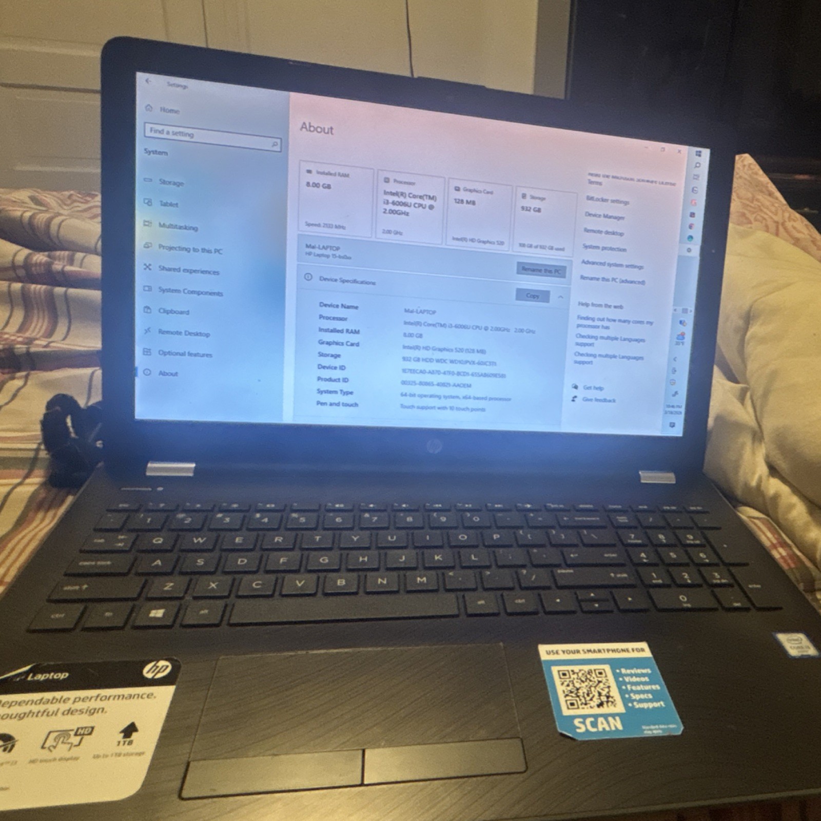 HP Laptop 15-bs0xx Intel Core i3-6006U 8GB RAM 932GB HDD 15.6″ Windows 10 Black
