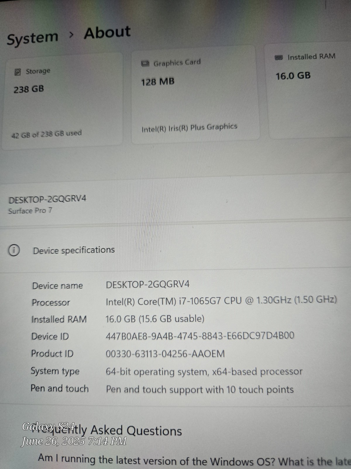 Microsoft Surface Pro 7 1866 Core i7-1065G7 1.3GHz 16GB 256GB Win 11