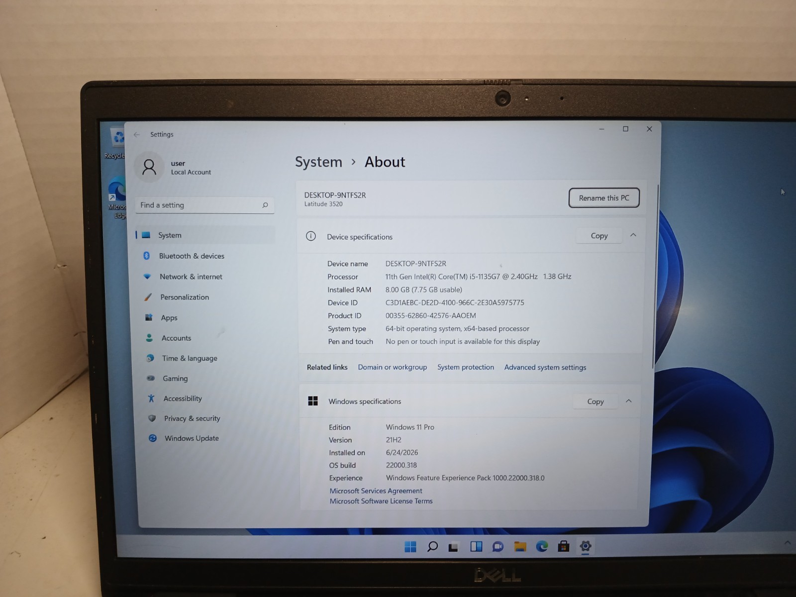Dell Latitude 3520 15.6″ Laptop i5-1135G7 8GB RAM 256GB SSD Win11 NO BATTERY #97