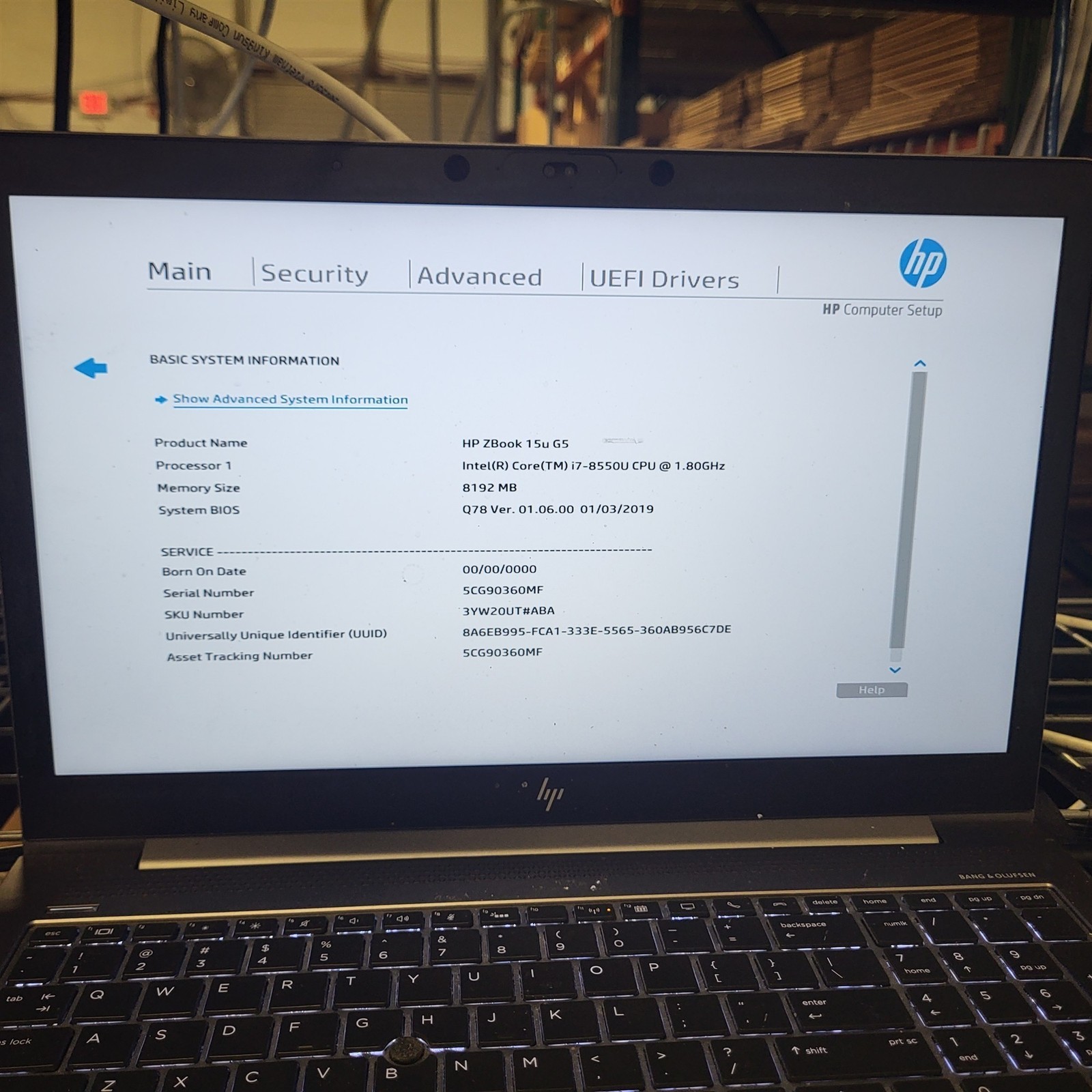 Bad Keyboard HP ZBook 15u G5 Laptop Intel i7-8550U 1.8GHz 8GB 256GB SSD No PSU