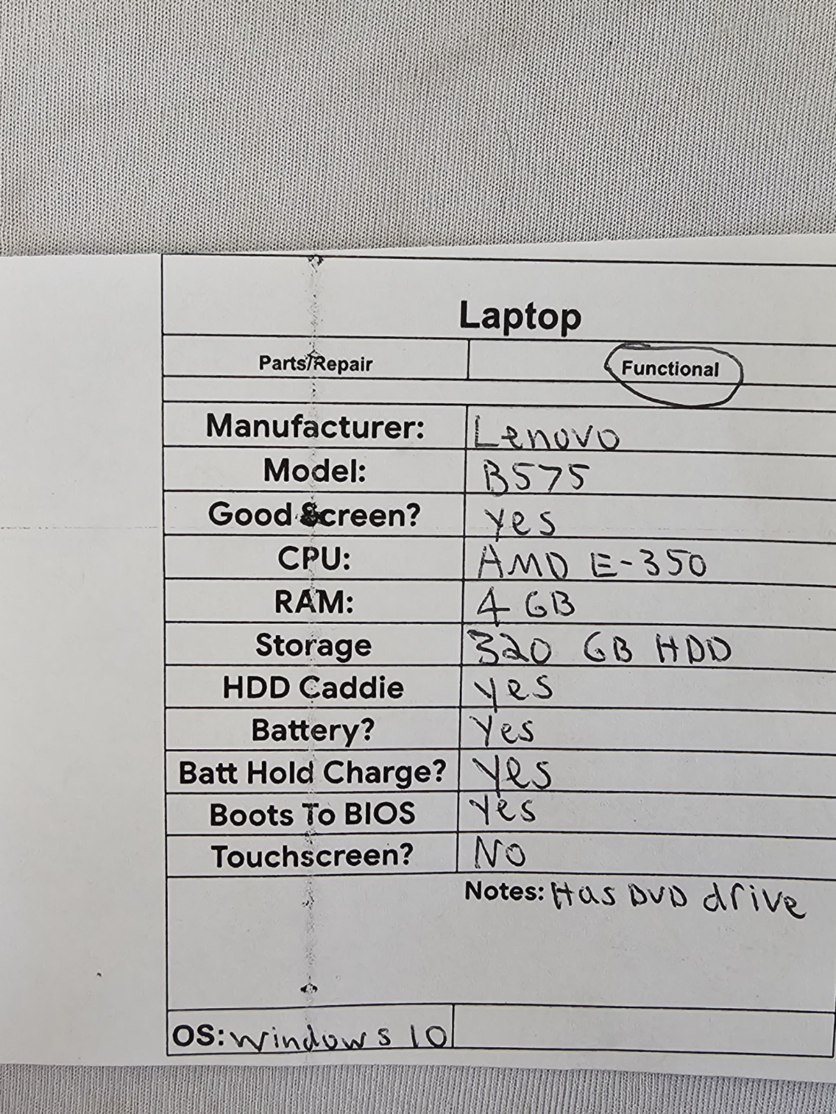 Lenovo B575 Laptop – AMD E-350 – 4GB RAM – 320GB HDD – Windows 10
