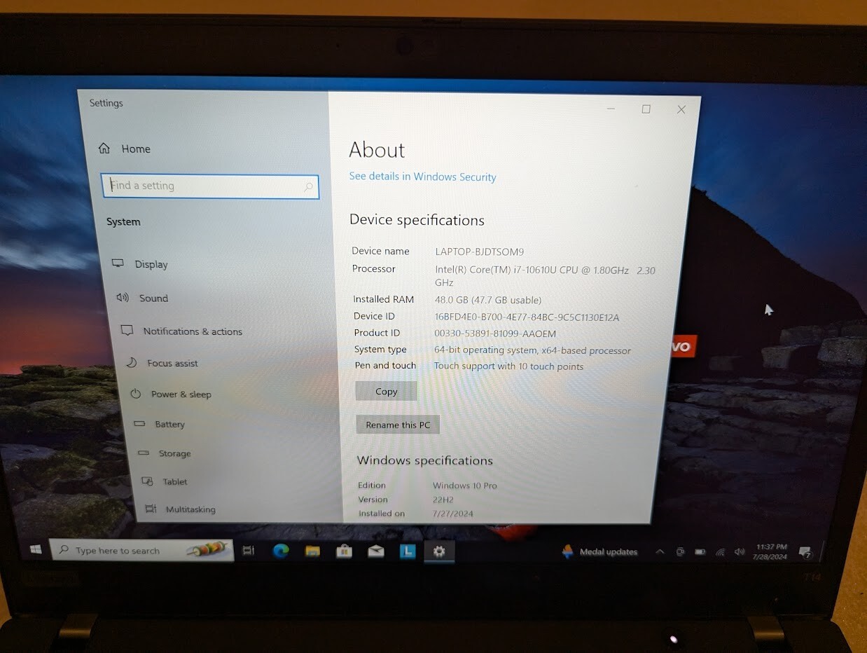 Lenovo T14 G1 i7-10610U 48GB RAM/500 GB SSD – Win 10 Pro TOUCHSCREEN Jan 25 WTY