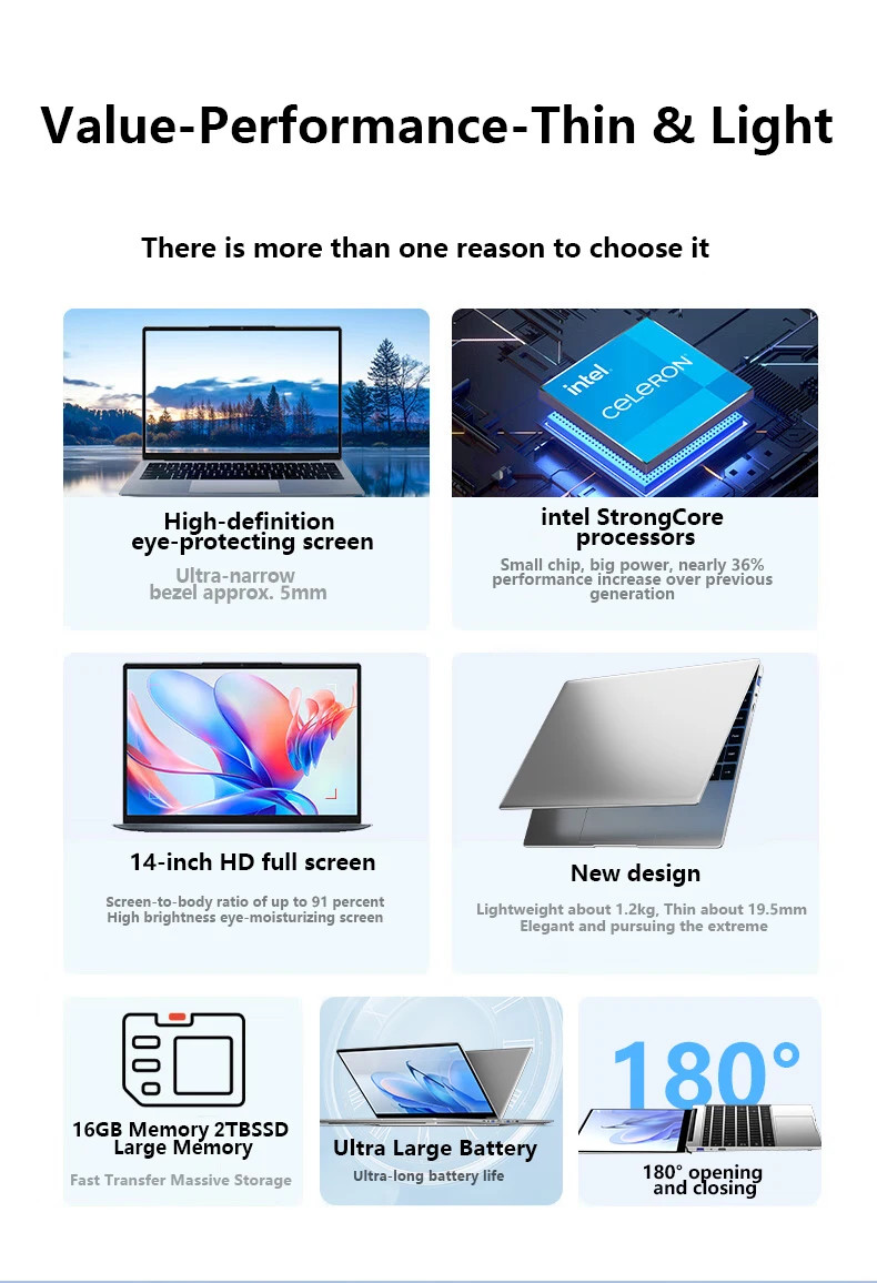 14.1″ Ultra Slim Laptop 16GB RAM 2TB SSD Intel N3700 Notebook Windows 11 Pro.