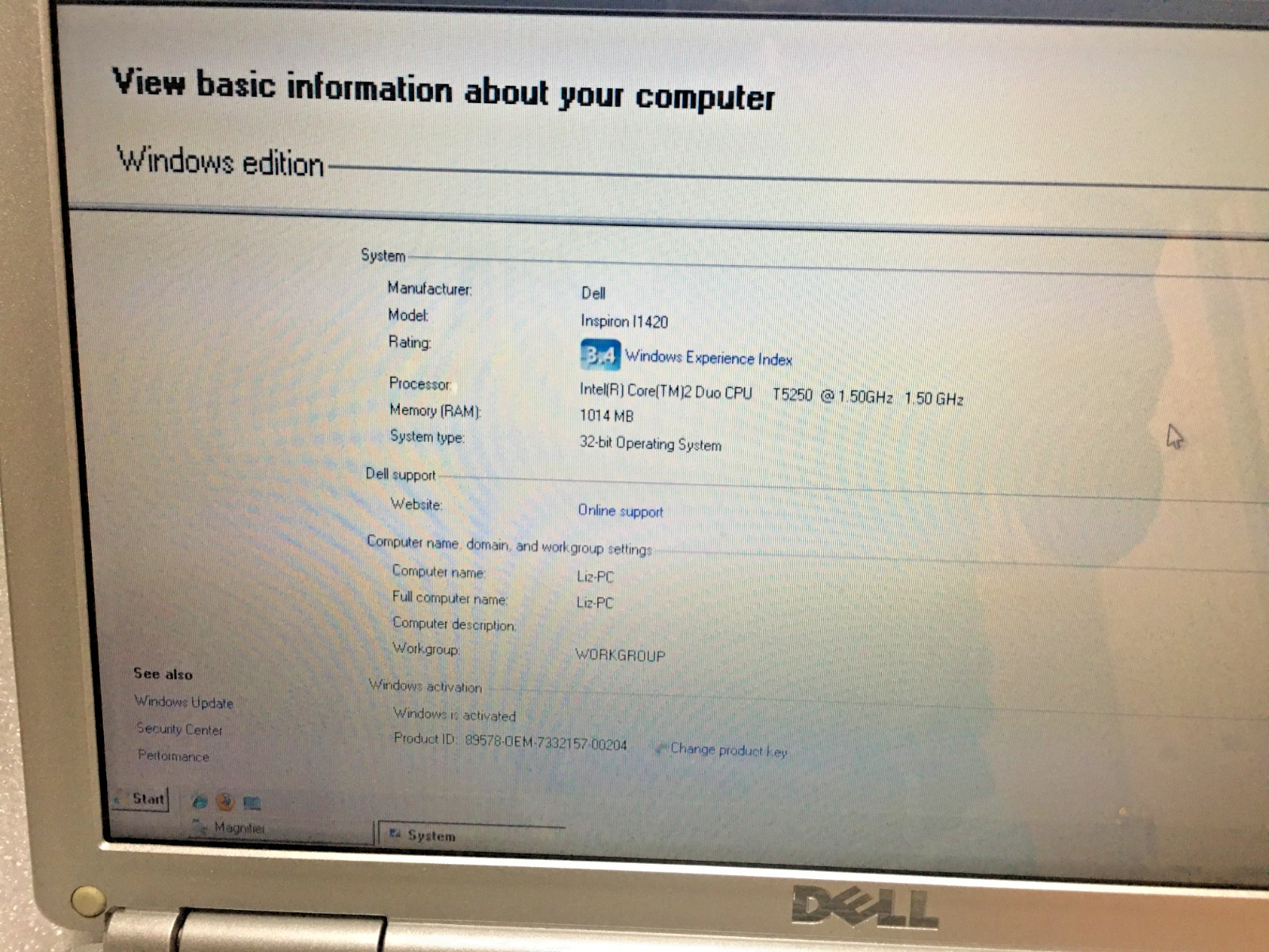 Dell Inspiron 1420 14″ Laptop Intel Core 2 Duo 1014MB Intel (R) Cote (TM) 2 DUO
