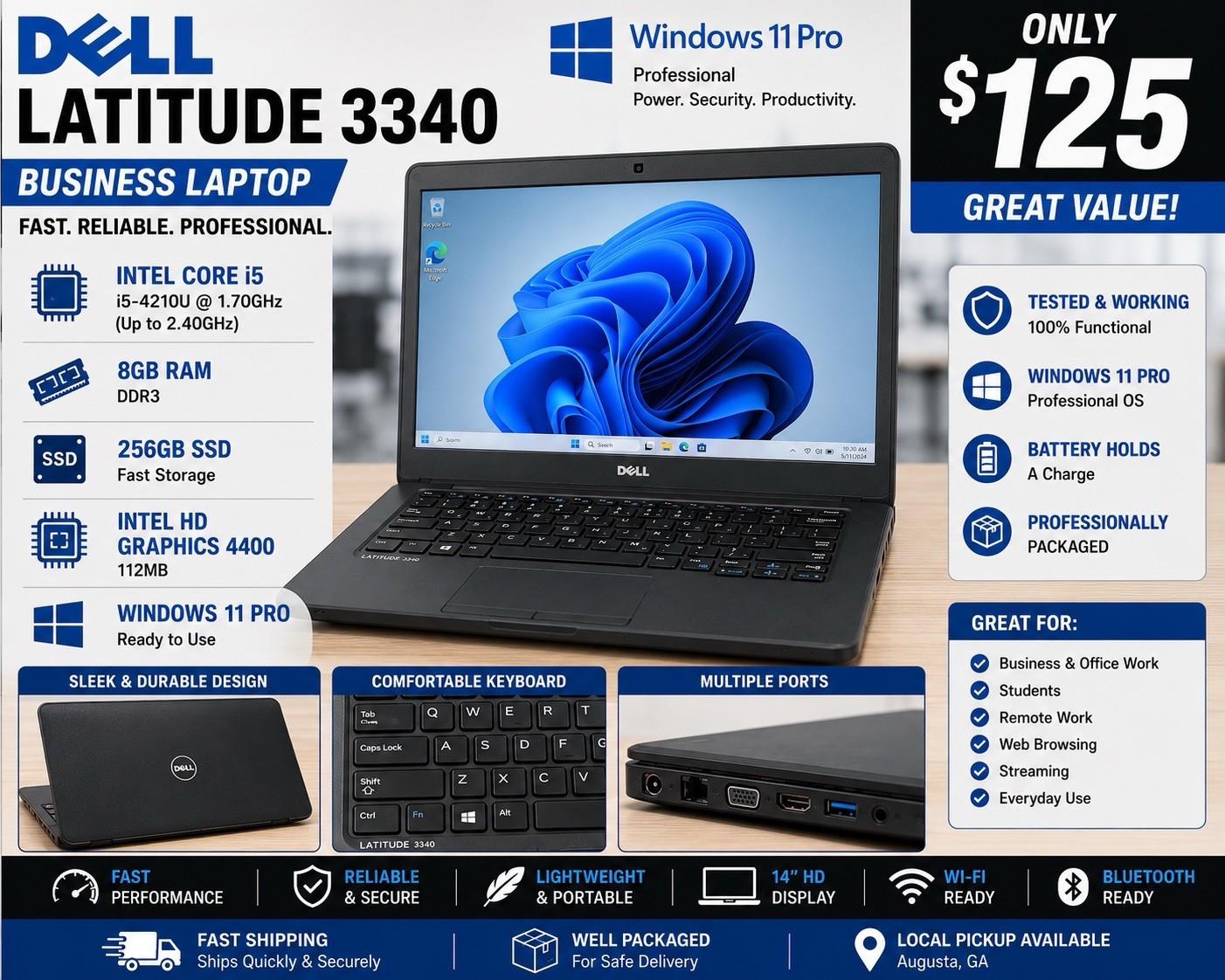 Dell Latitude 3340 Laptop – Intel i5-4210u – 8GB RAM – 500 Gb SSD – Win 11