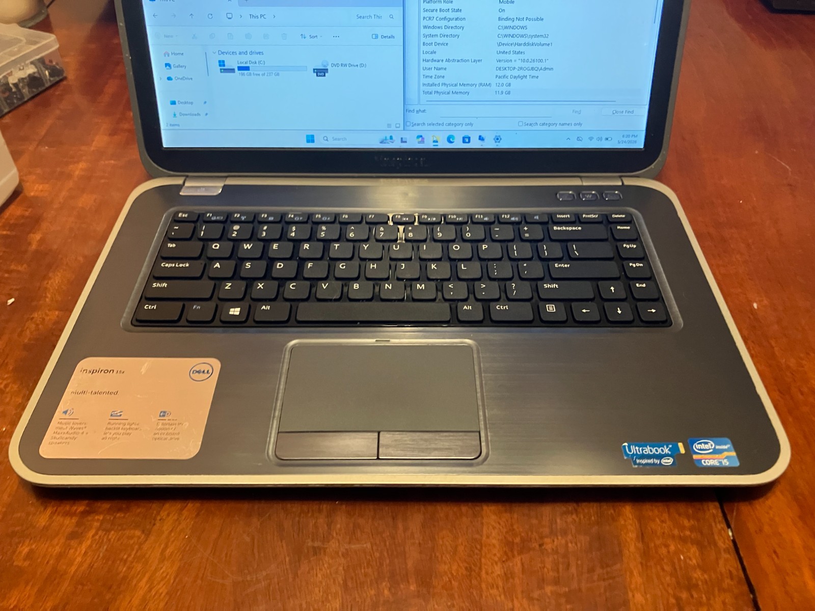 Dell Inspiron 15R 5523 15.6″ Laptop i5 1.8GHz 12GB RAM 240GB SSD Win 11 Pro Wifi