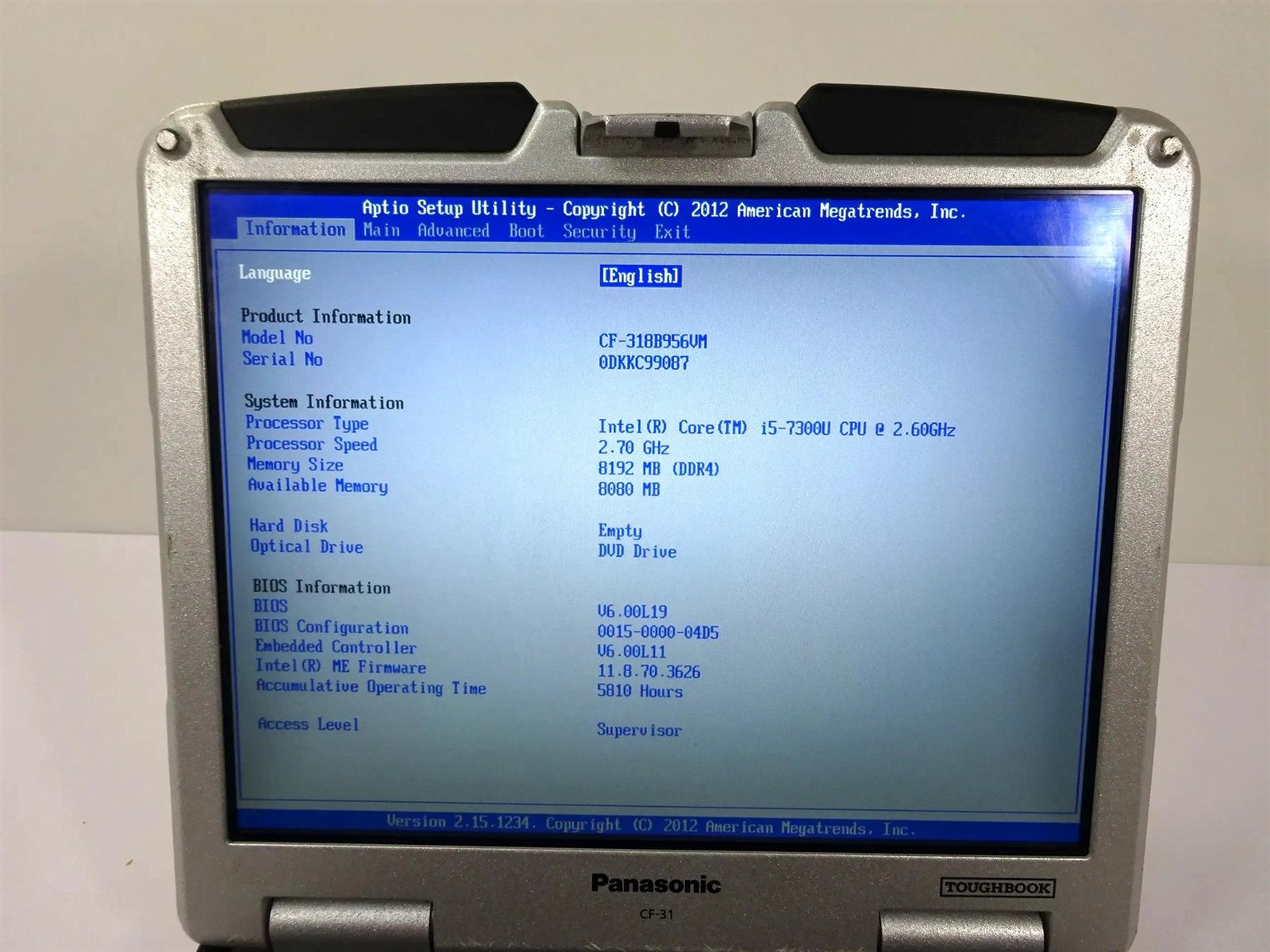 Panasonic Toughbook CF-31 MK6 Core i5-7300U 2.6GHz 8GB RAM – No HDD