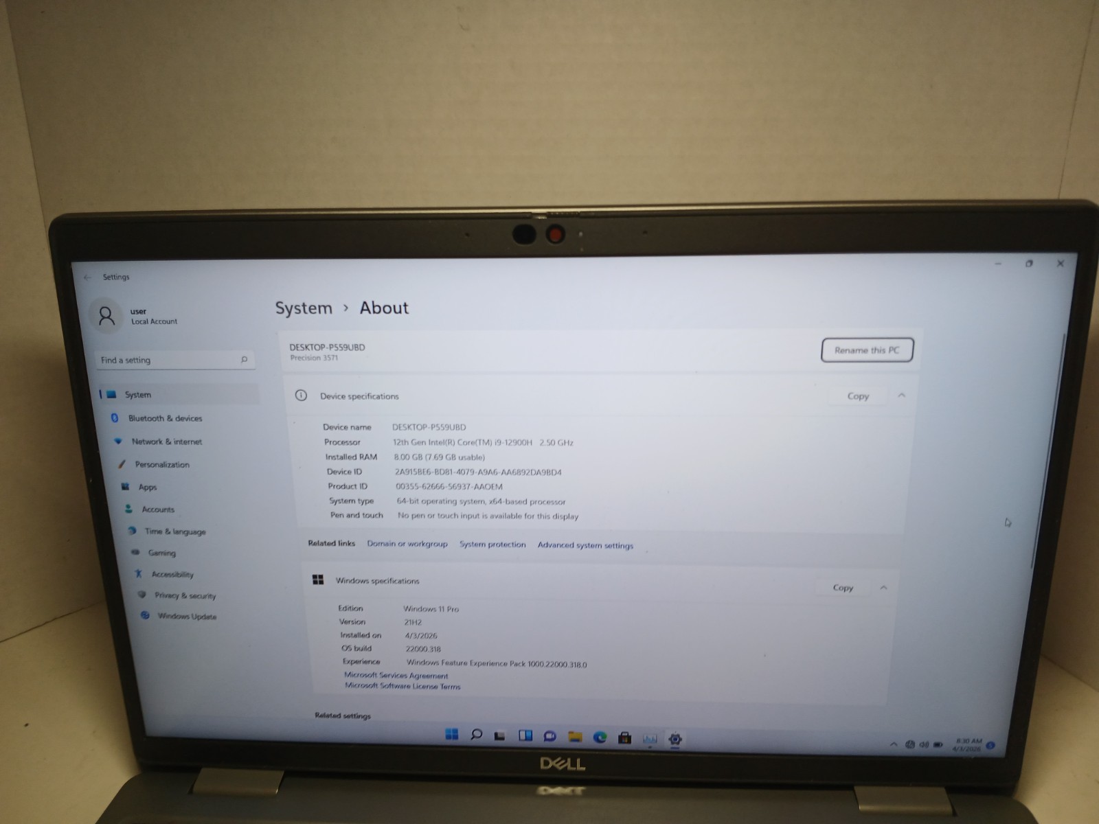 Dell Precision 3571 i9-12900H 4GB RAM 256 SSD RTX A1000 Win11 #97
