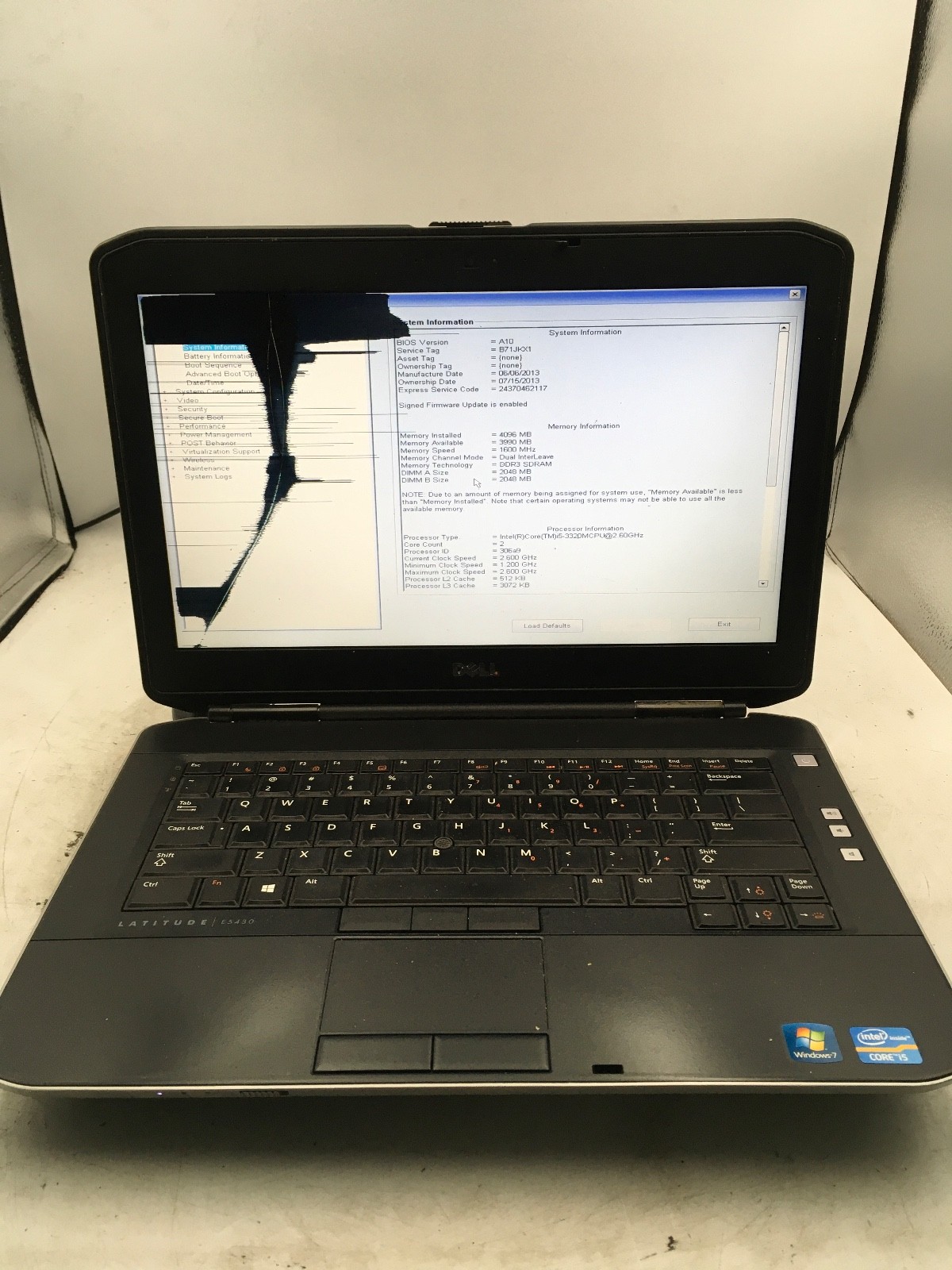 DELL LATITUDE E5430 – BOOTS TO BIOS/BAD LCD – INTEL I5 3320 – 4GB RAM – READ -BB