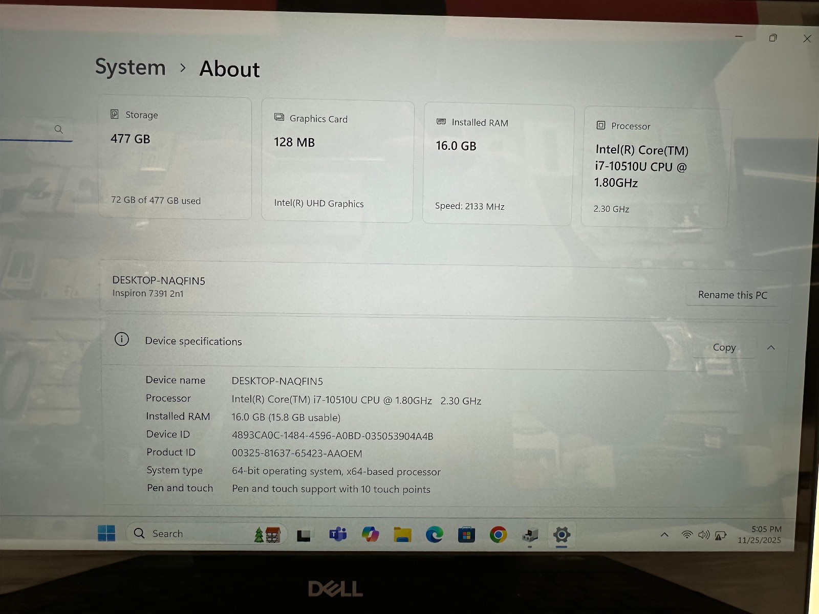 Dell Inspiron 7391 13.3″ i7-10510U 16GB 512GB SSD Intel UHD Graphics W11 Home