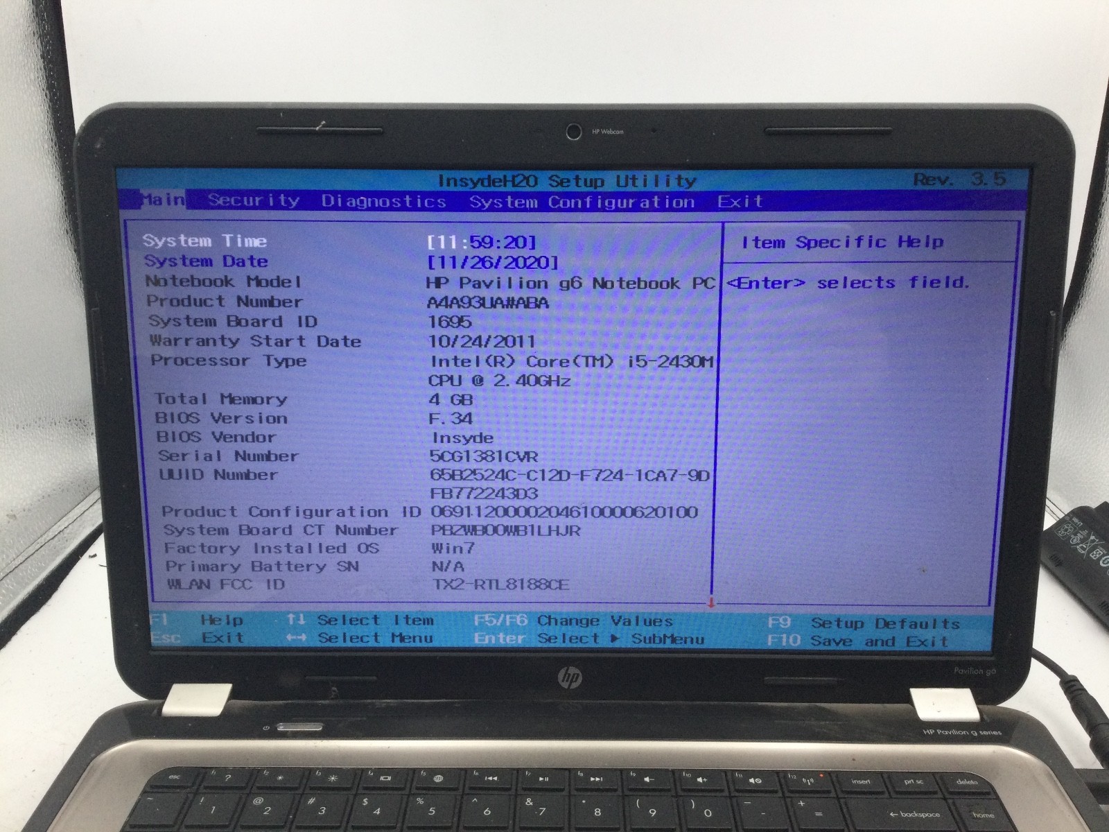 HP PAVILION G6 – BOOTS TO BIOS – INTEL I5 2430M – NO RAM – READ DESCRIPTION – BB