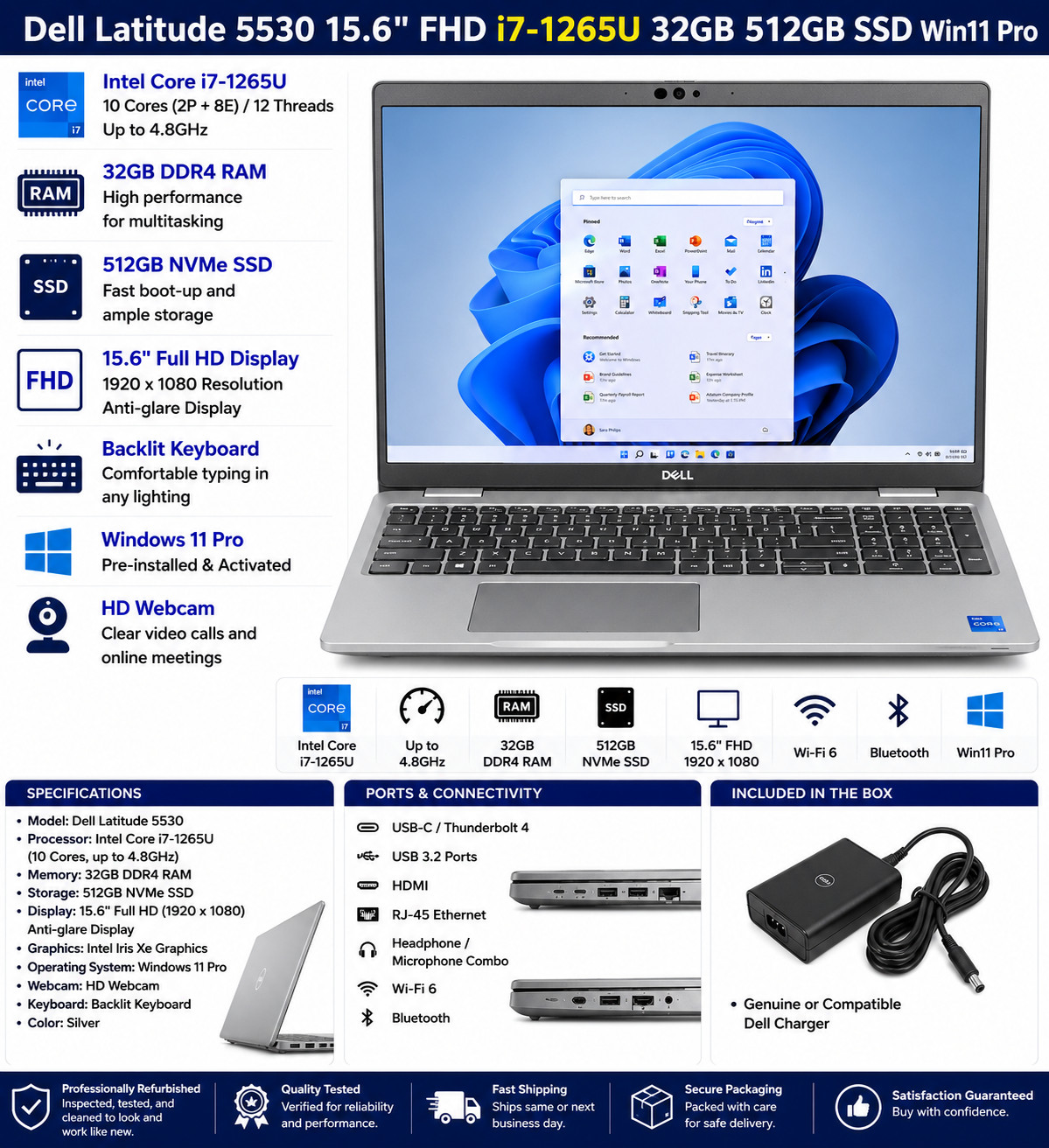 Dell Latitude 5530 15.6″ FHD i7-1265U 32GB RAM 512GB SSD Win11 Pro
