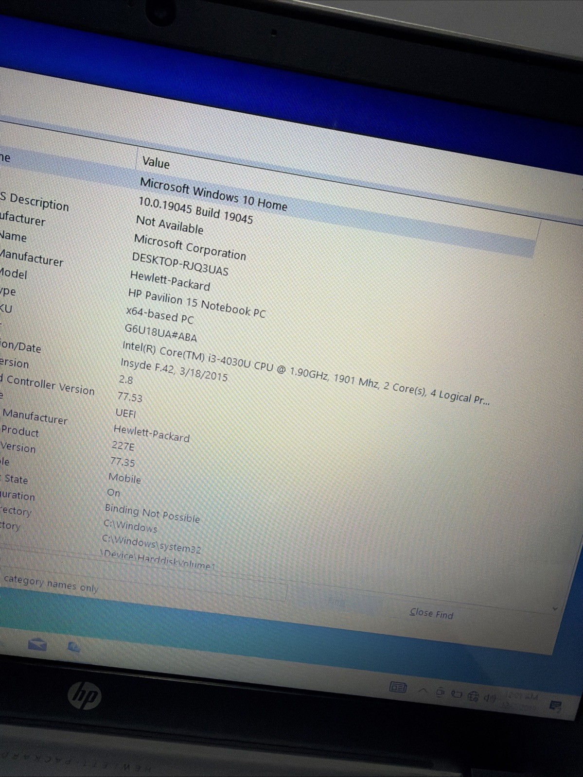 Hp Pavilion 15 Laptop i3-4030U 6gb Ram 750gb HDD Windows 10 Home No P/S