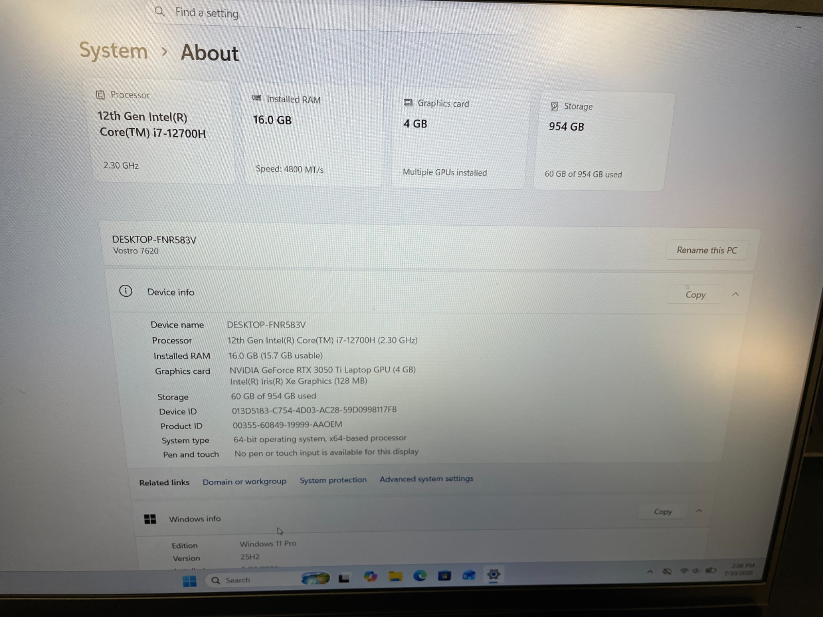 Dell Vostro 7620 16″ i7-12700H 16GB RAM 1TB SSD RTX 3050 Ti Win 11 Pro